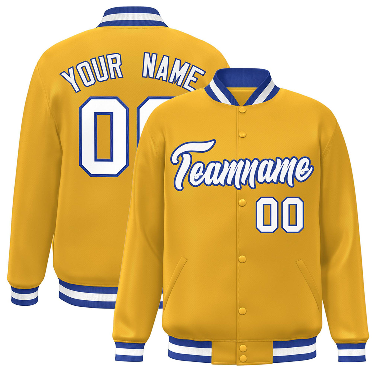 Custom Yellow White Royal-Blue Bomber Full-Snap Varsity Letterman Jacket
