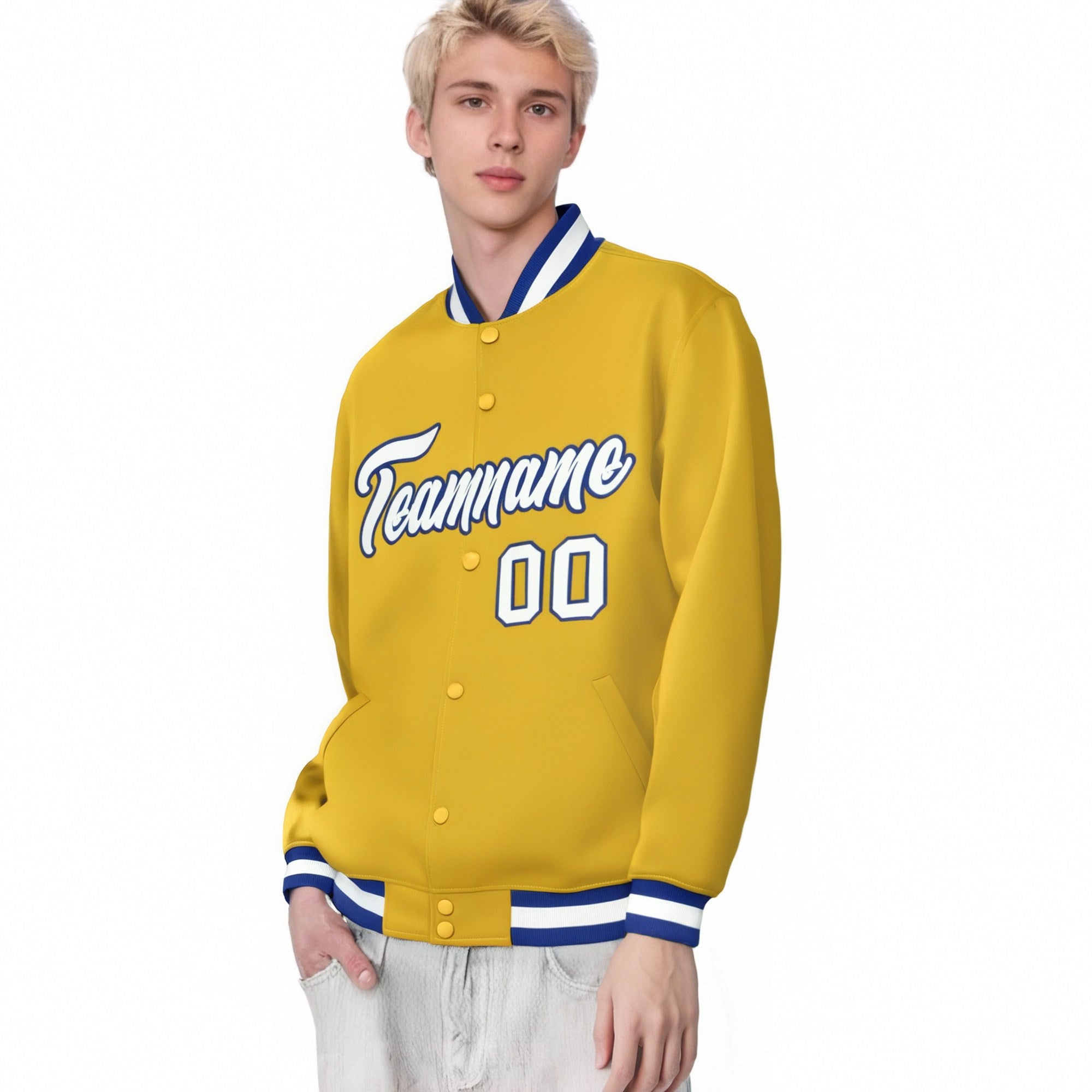 Custom Yellow White Royal-Blue Bomber Full-Snap Varsity Letterman Jacket