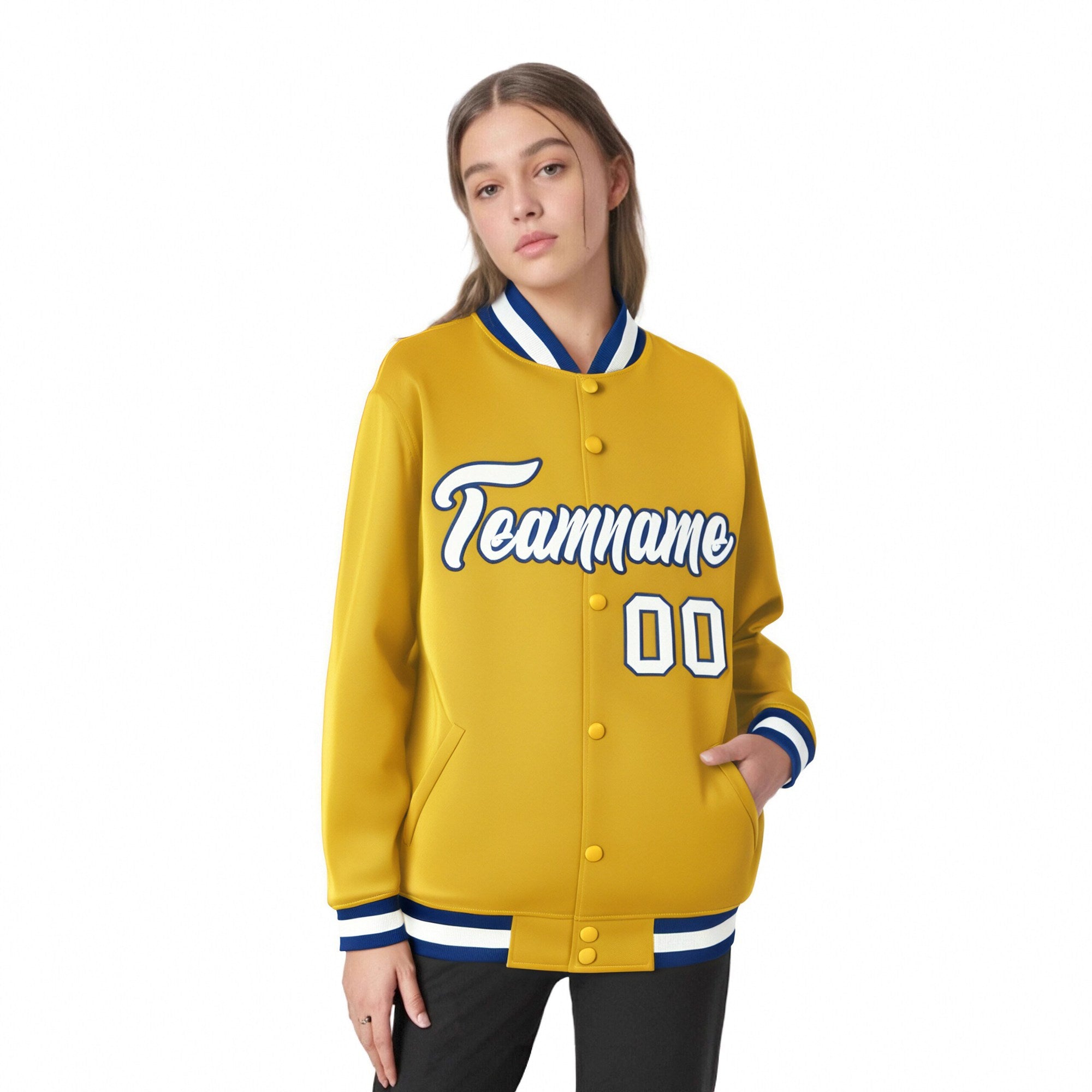 Custom Yellow White Royal-Blue Bomber Full-Snap Varsity Letterman Jacket