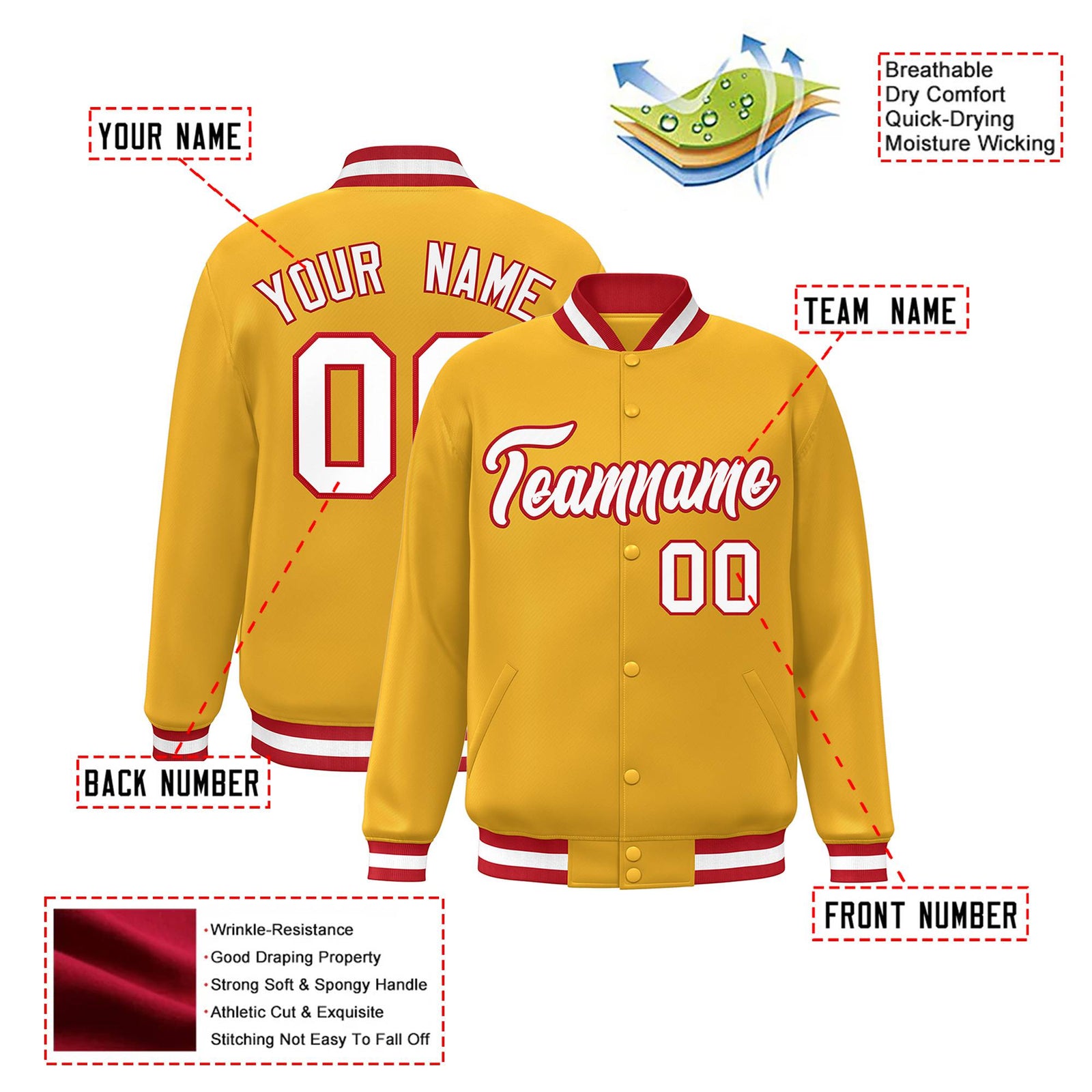 Custom Yellow White Red Bomber Full-Snap Varsity Letterman Jacket