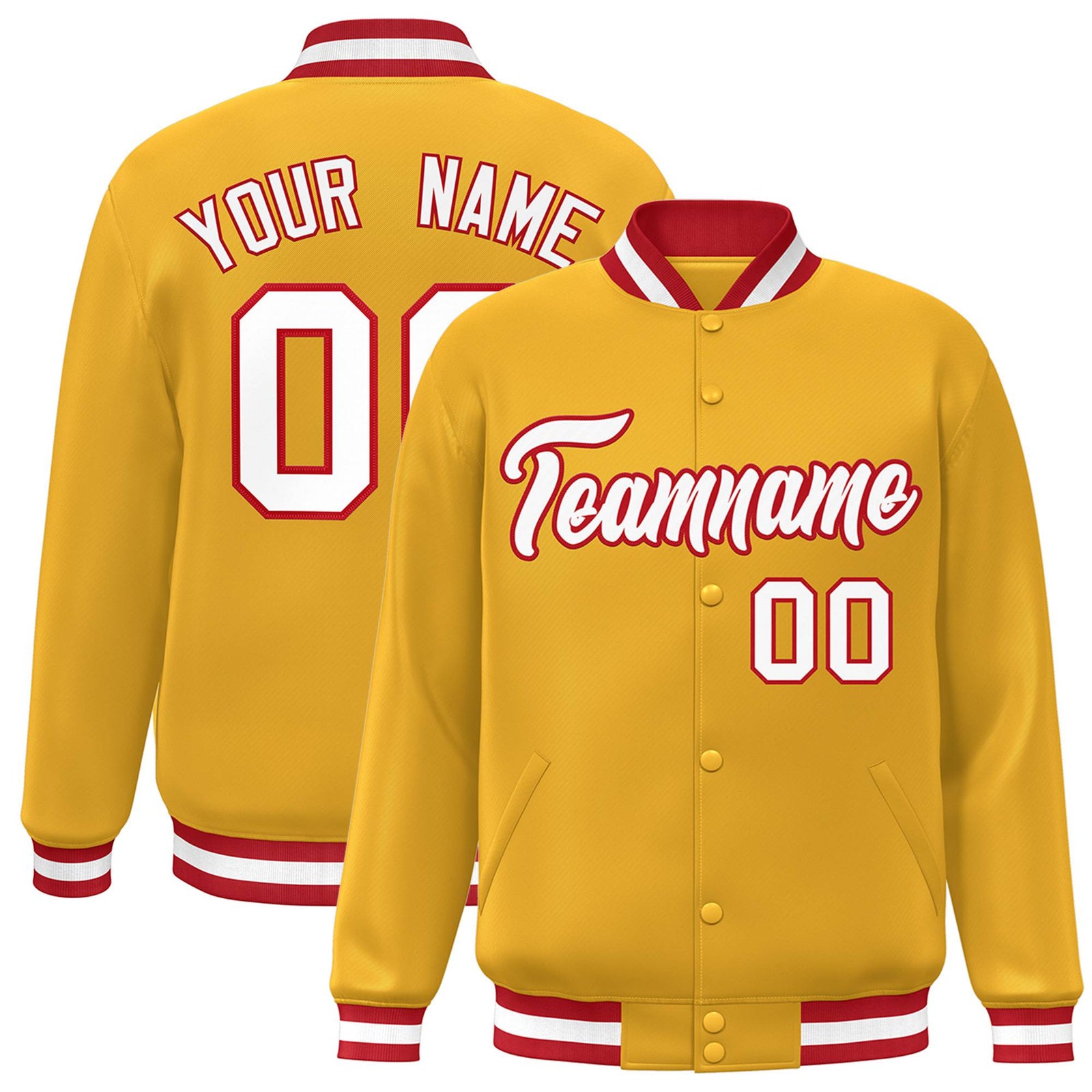 Custom Yellow White Red Bomber Full-Snap Varsity Letterman Jacket