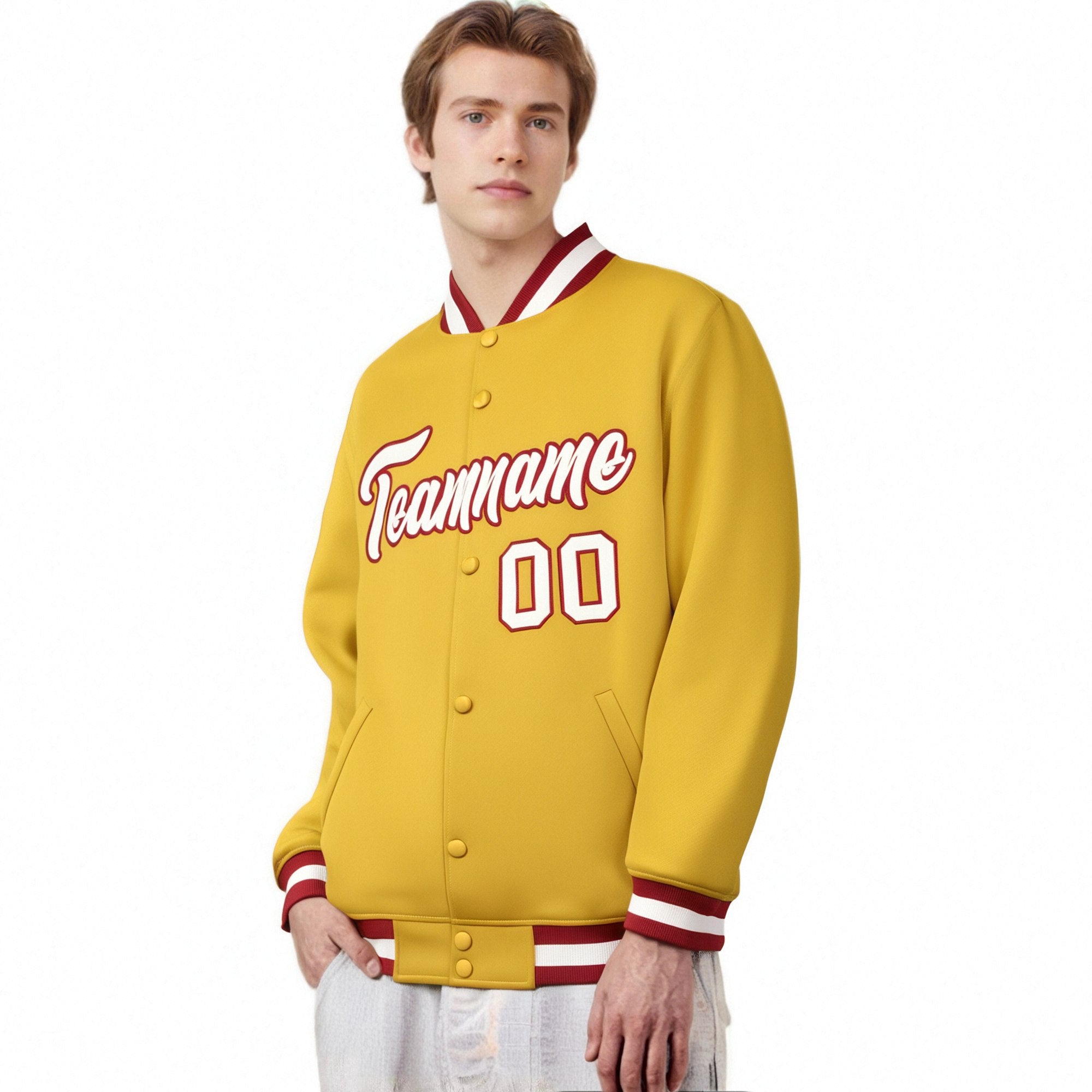 Custom Yellow White Red Bomber Full-Snap Varsity Letterman Jacket