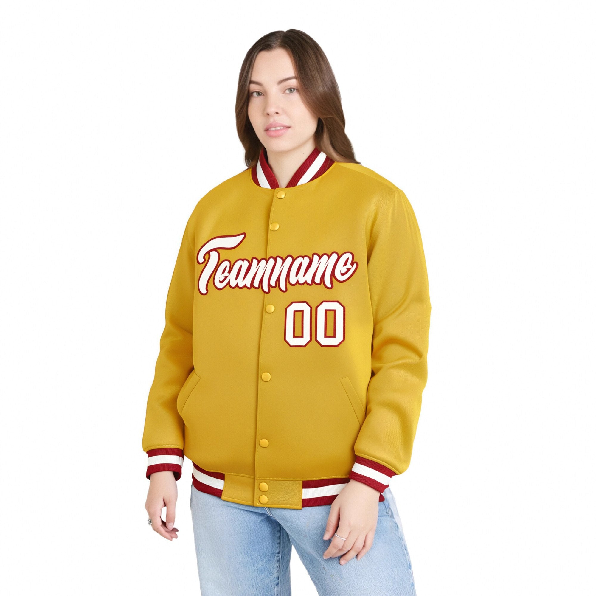 Custom Yellow White Red Bomber Full-Snap Varsity Letterman Jacket