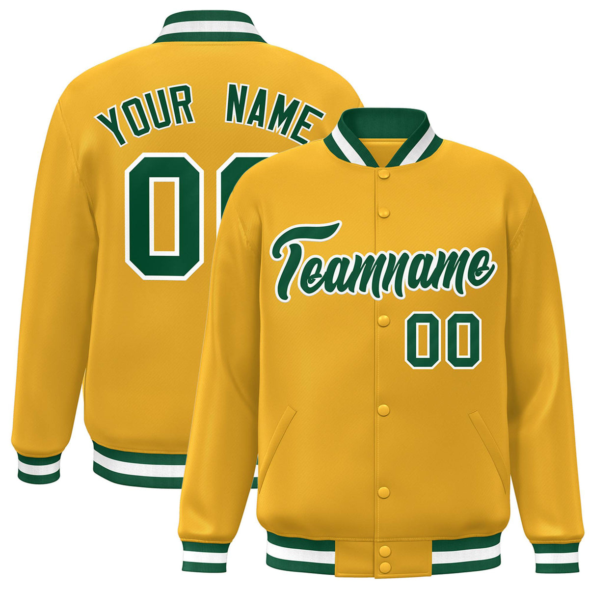 Custom Yellow Kelly-Green White Bomber Full-Snap Varsity Letterman Jacket