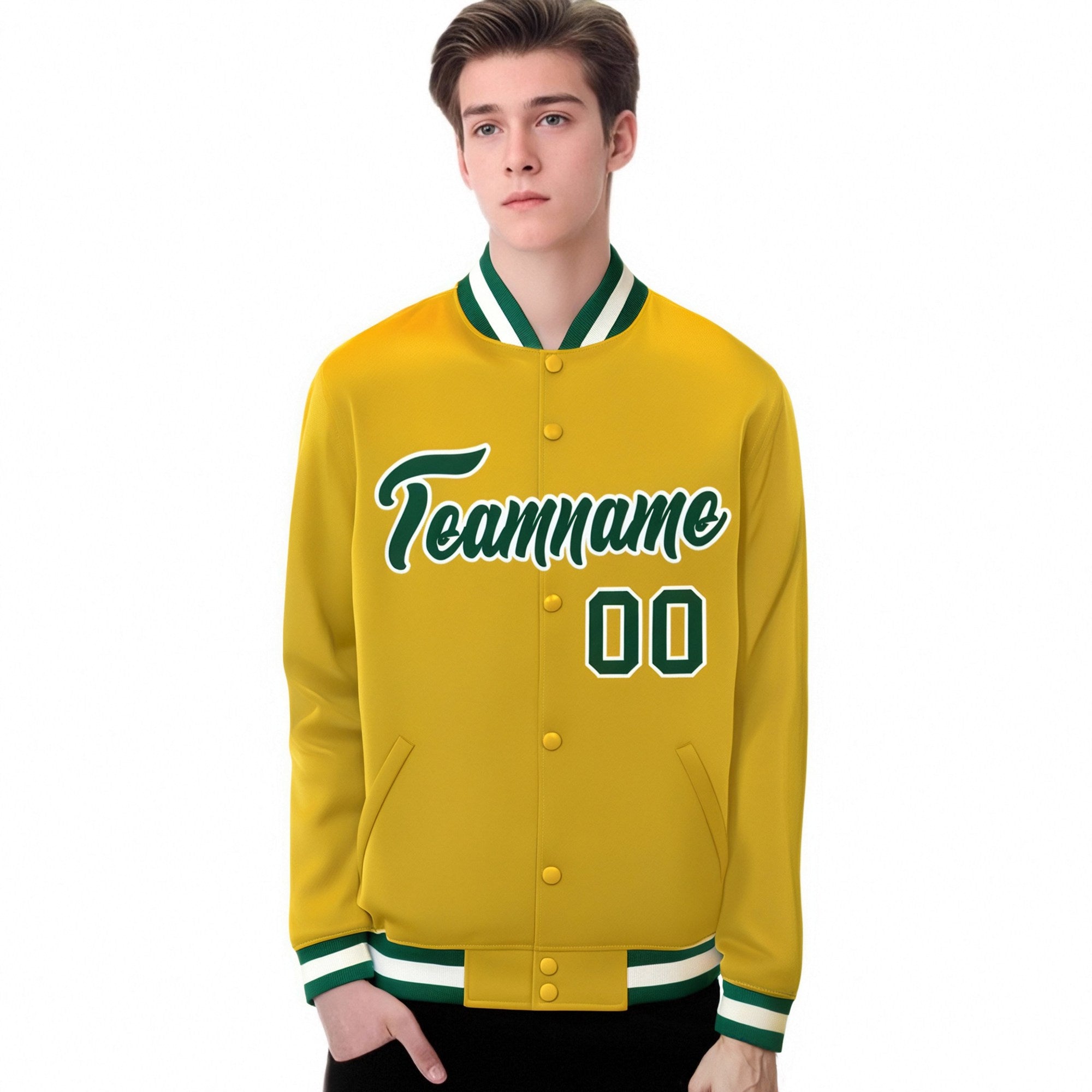 Custom Yellow Kelly-Green White Bomber Full-Snap Varsity Letterman Jacket