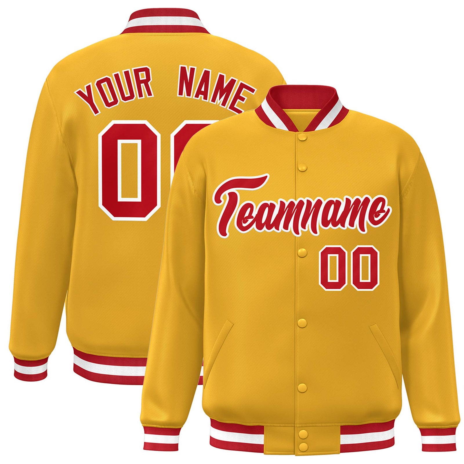 Custom Yellow Red-White Bomber Full-Snap Varsity Letterman Jacket
