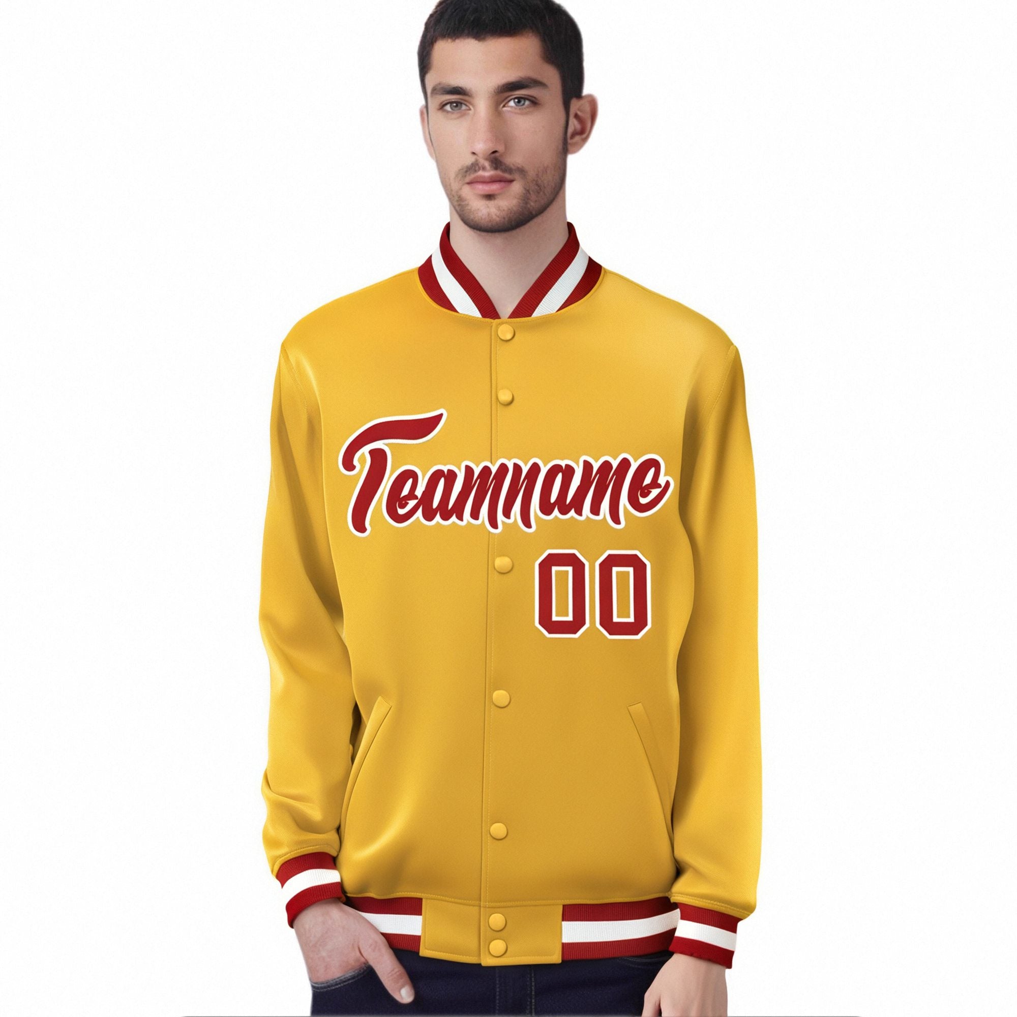 Custom Yellow Red-White Bomber Full-Snap Varsity Letterman Jacket