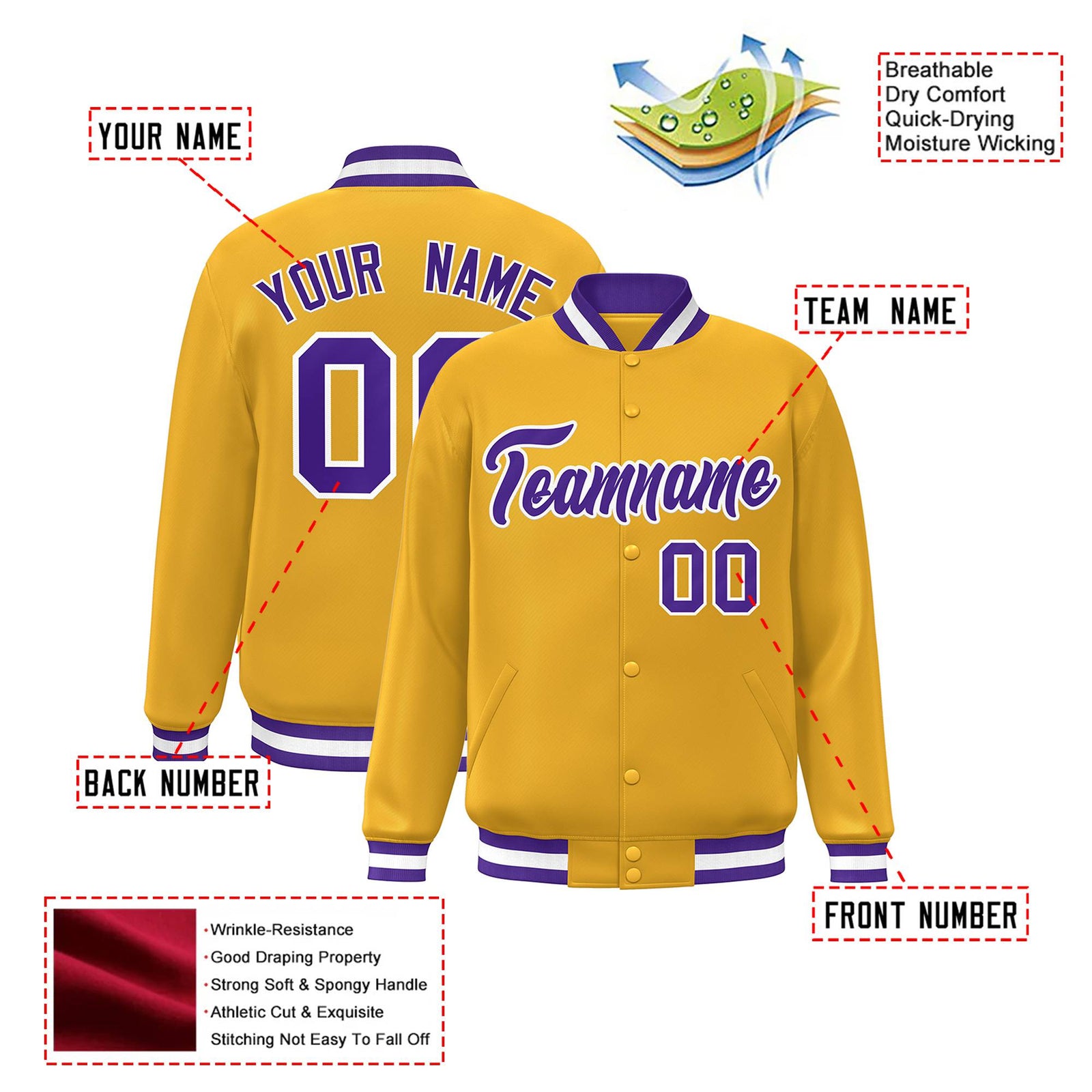 Custom Yellow Purple-White Bomber Full-Snap Varsity Letterman Jacket