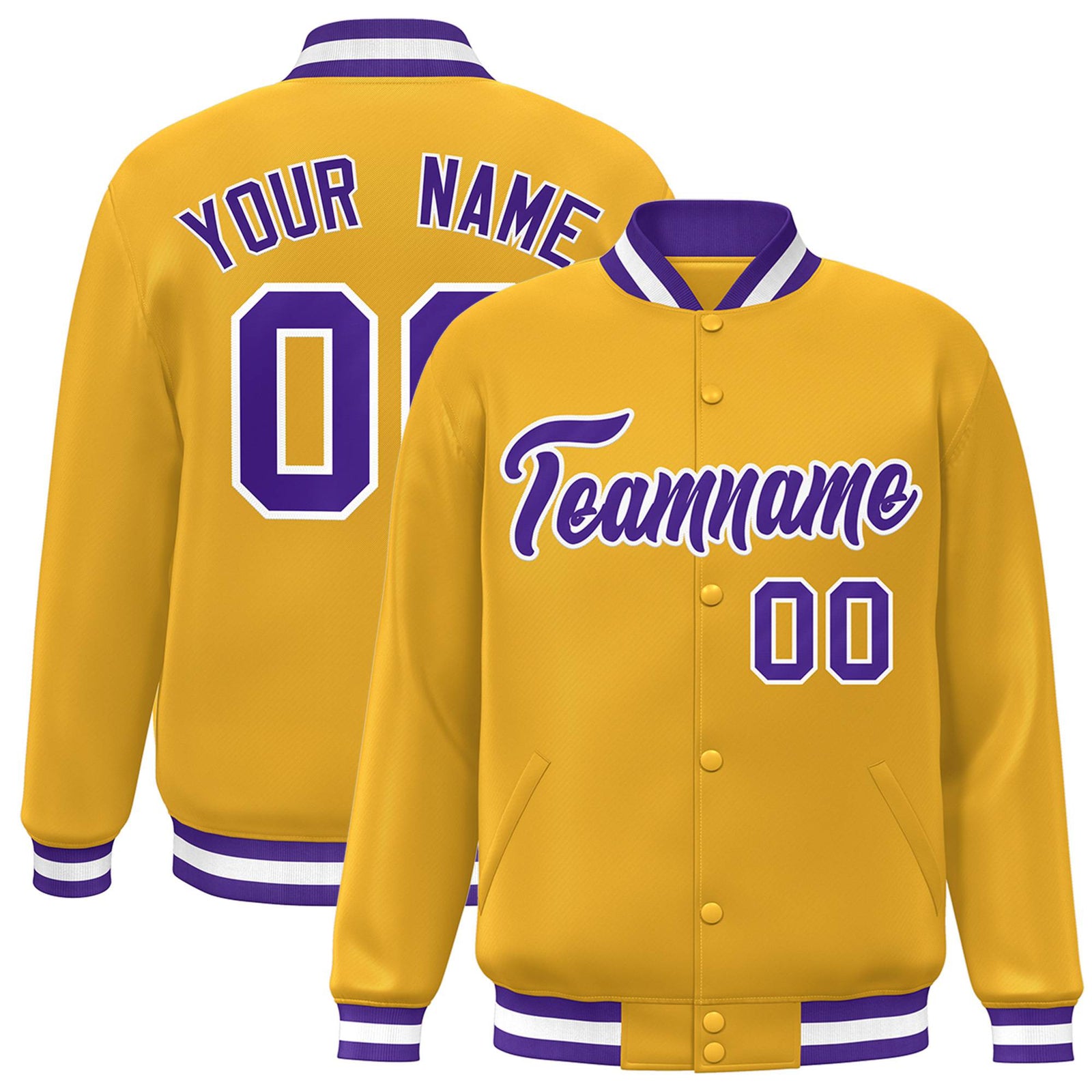 Custom Yellow Purple-White Bomber Full-Snap Varsity Letterman Jacket