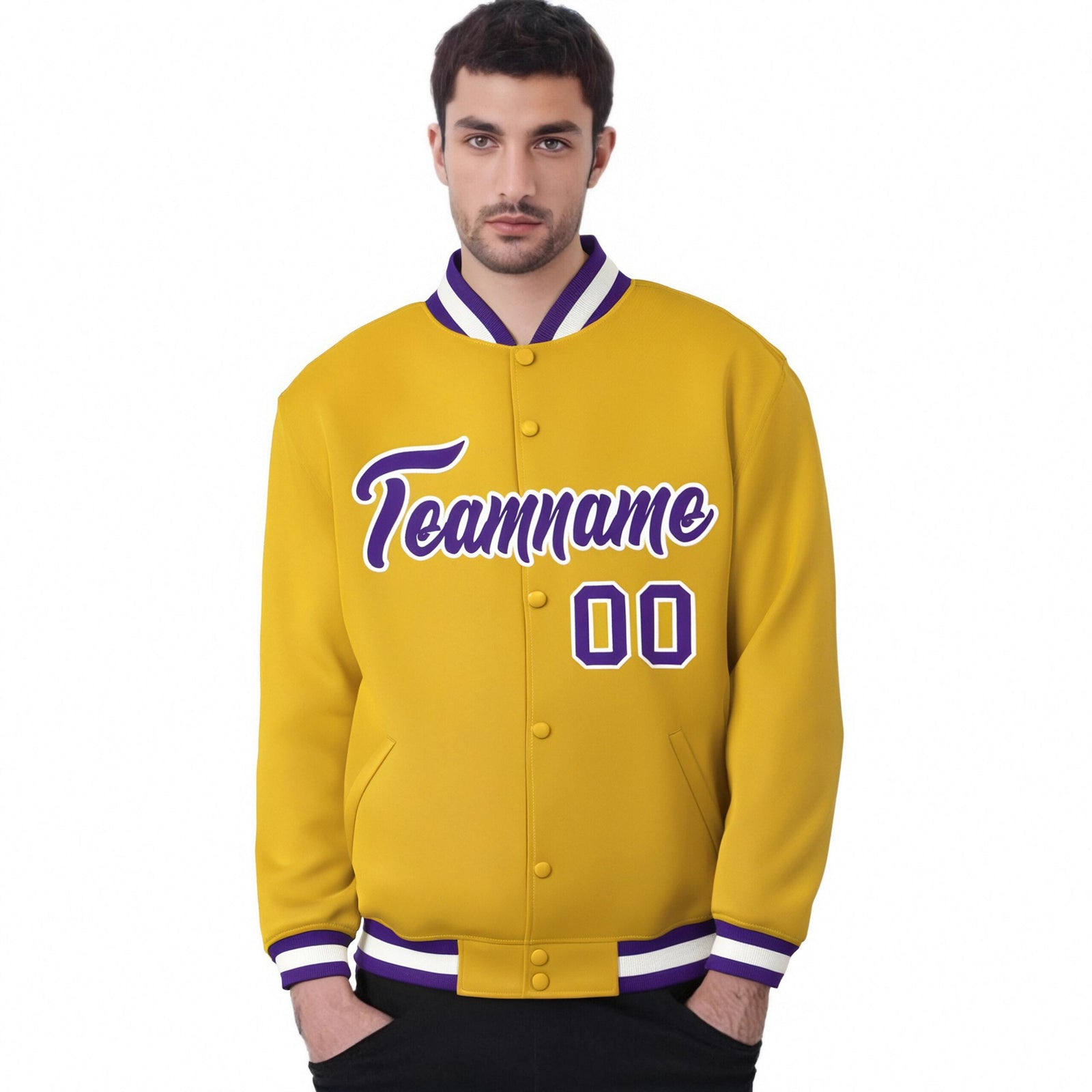 Custom Yellow Purple-White Bomber Full-Snap Varsity Letterman Jacket