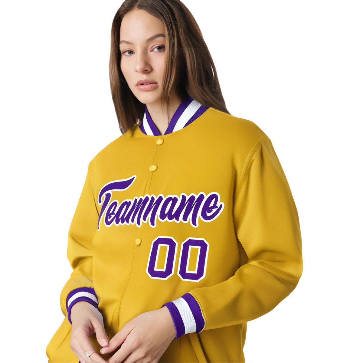 Custom Yellow Purple-White Bomber Full-Snap Varsity Letterman Jacket