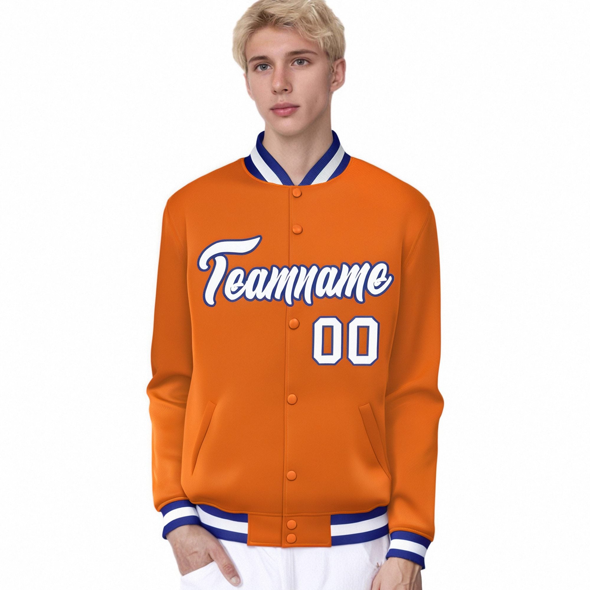 Custom Orange White Thunder-Blue Bomber Full-Snap Varsity Letterman Jacket