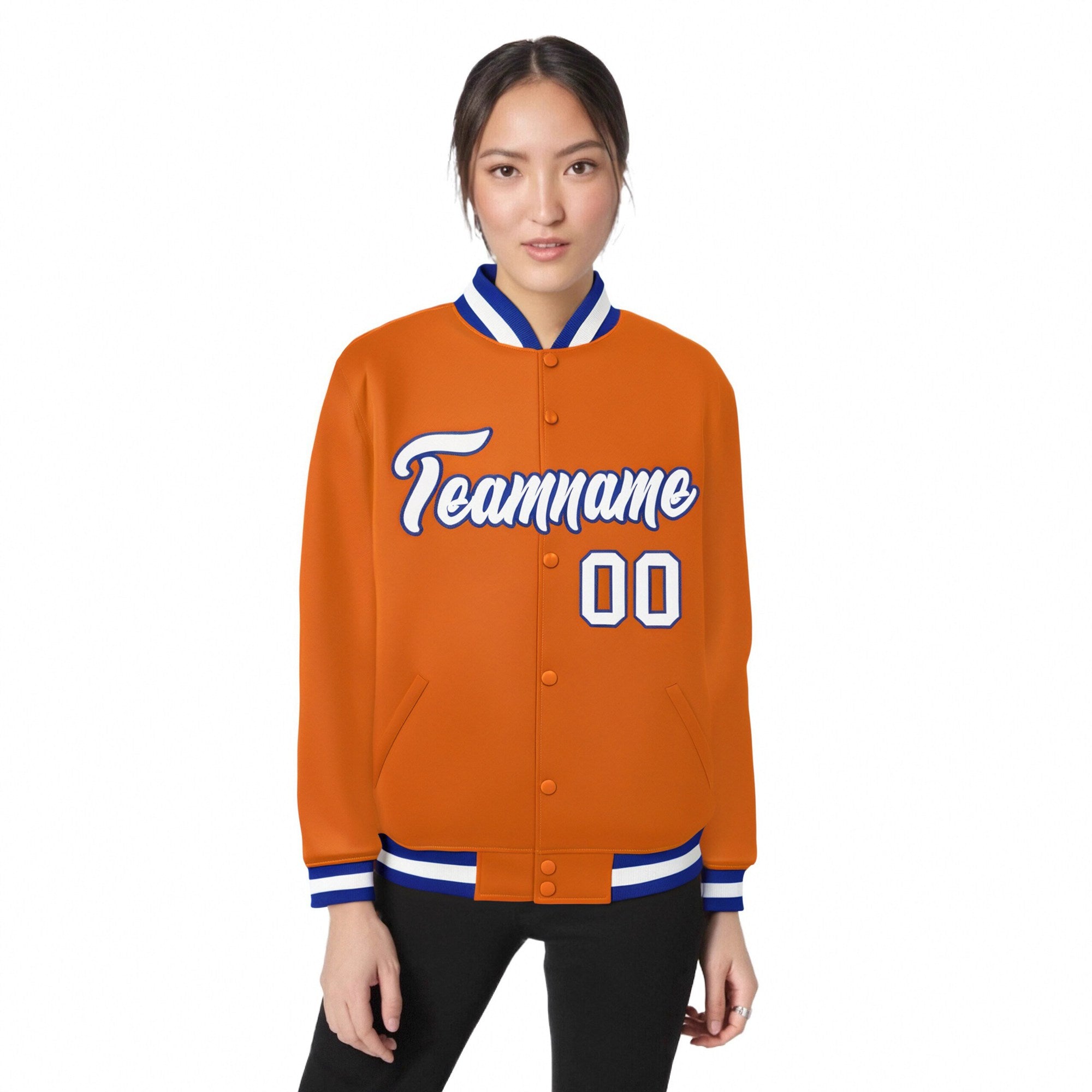 Custom Orange White Thunder-Blue Bomber Full-Snap Varsity Letterman Jacket