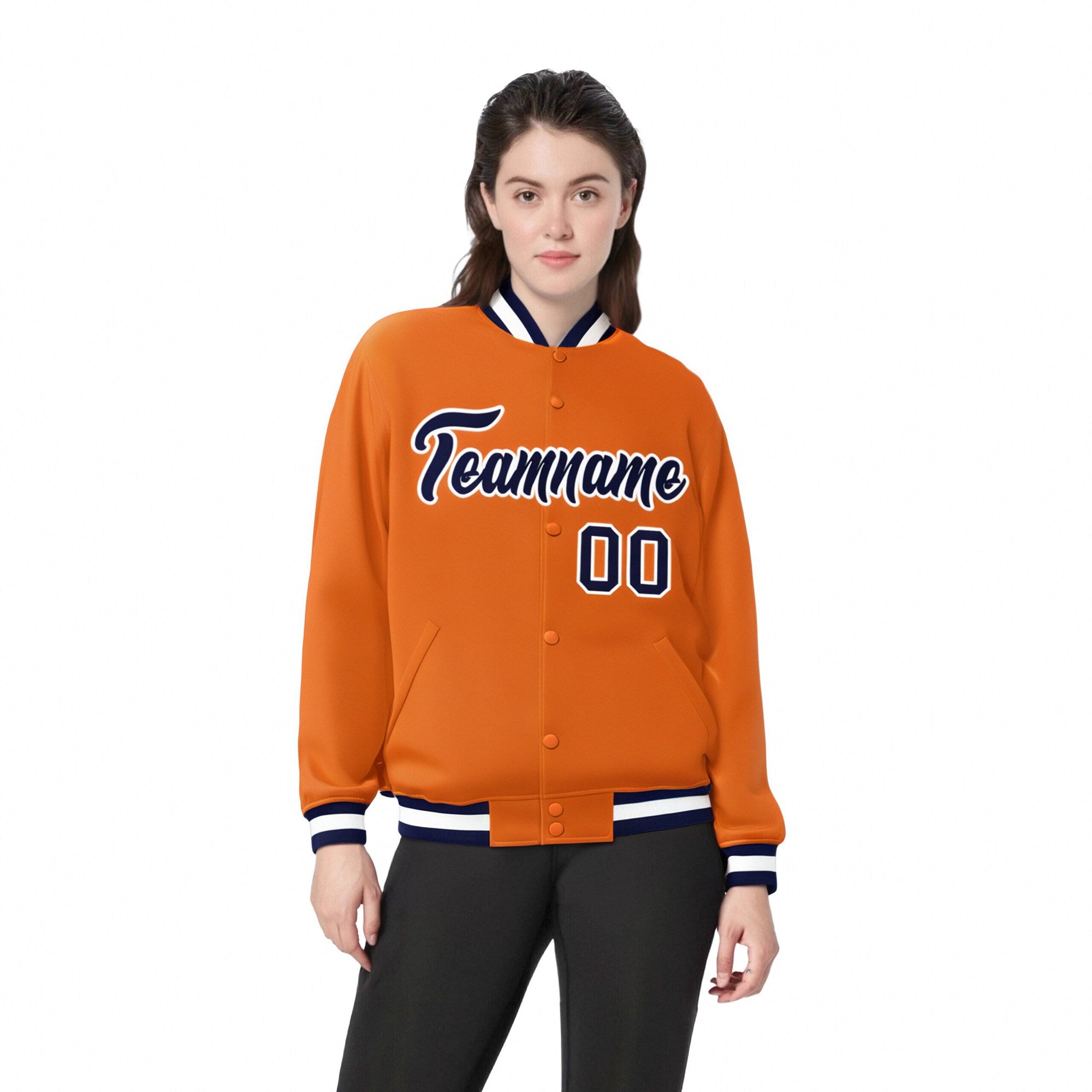 Custom Orange Navy White Bomber Full-Snap Varsity Letterman Jacket