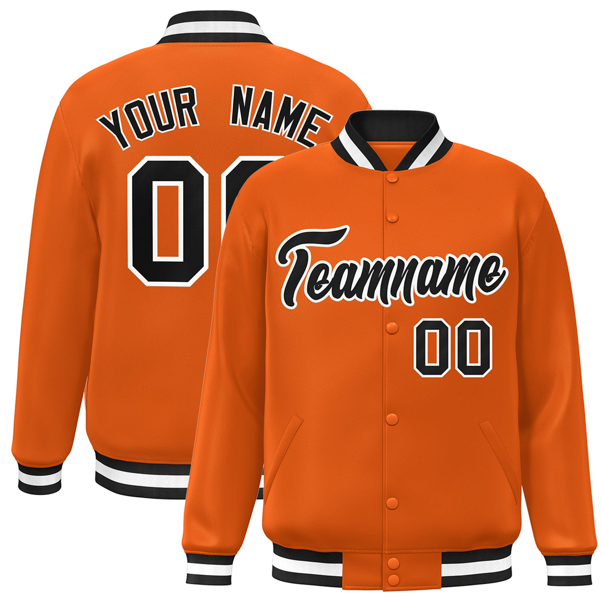 Custom Orange Black White Bomber Full-Snap Varsity Letterman Jacket