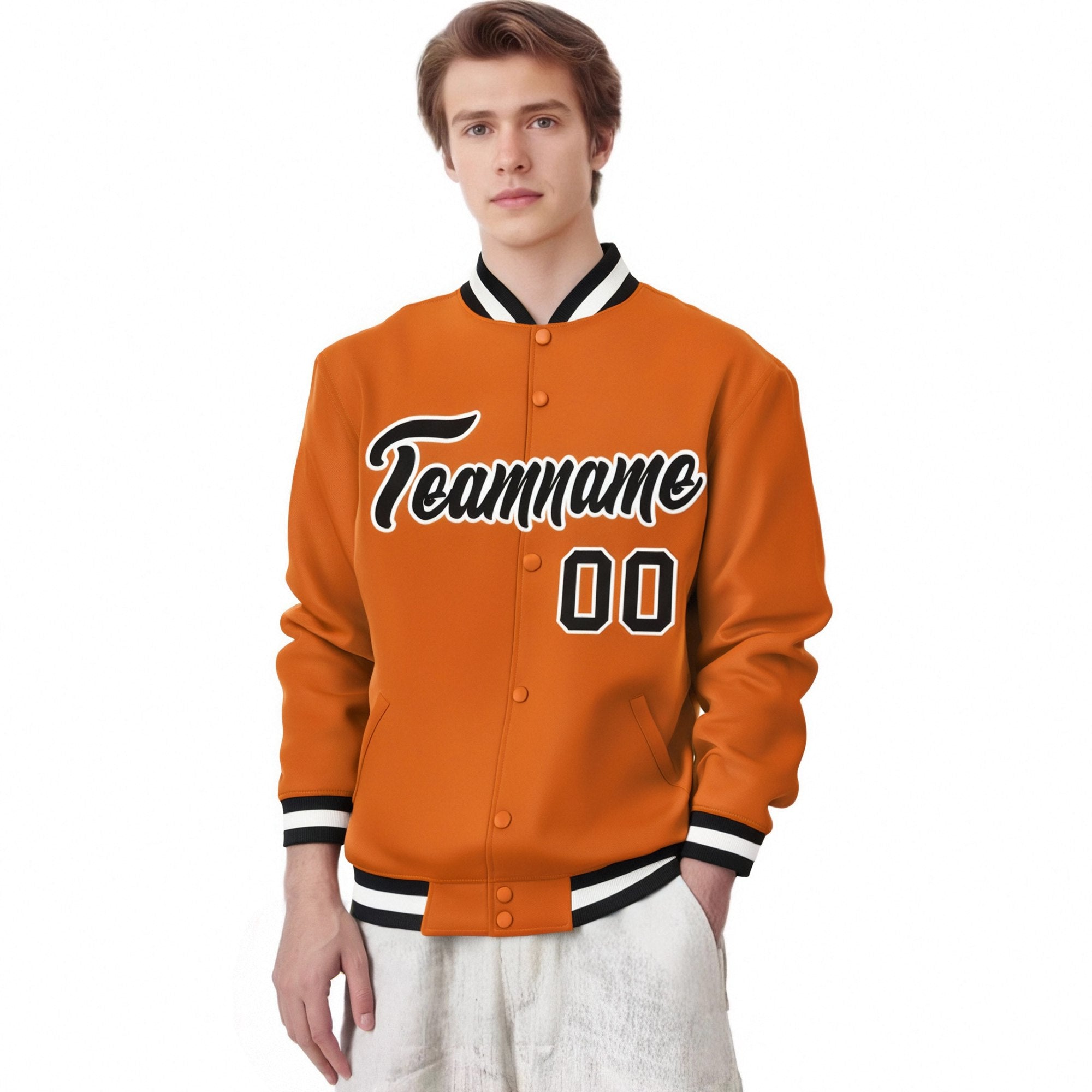 Custom Orange Black White Bomber Full-Snap Varsity Letterman Jacket