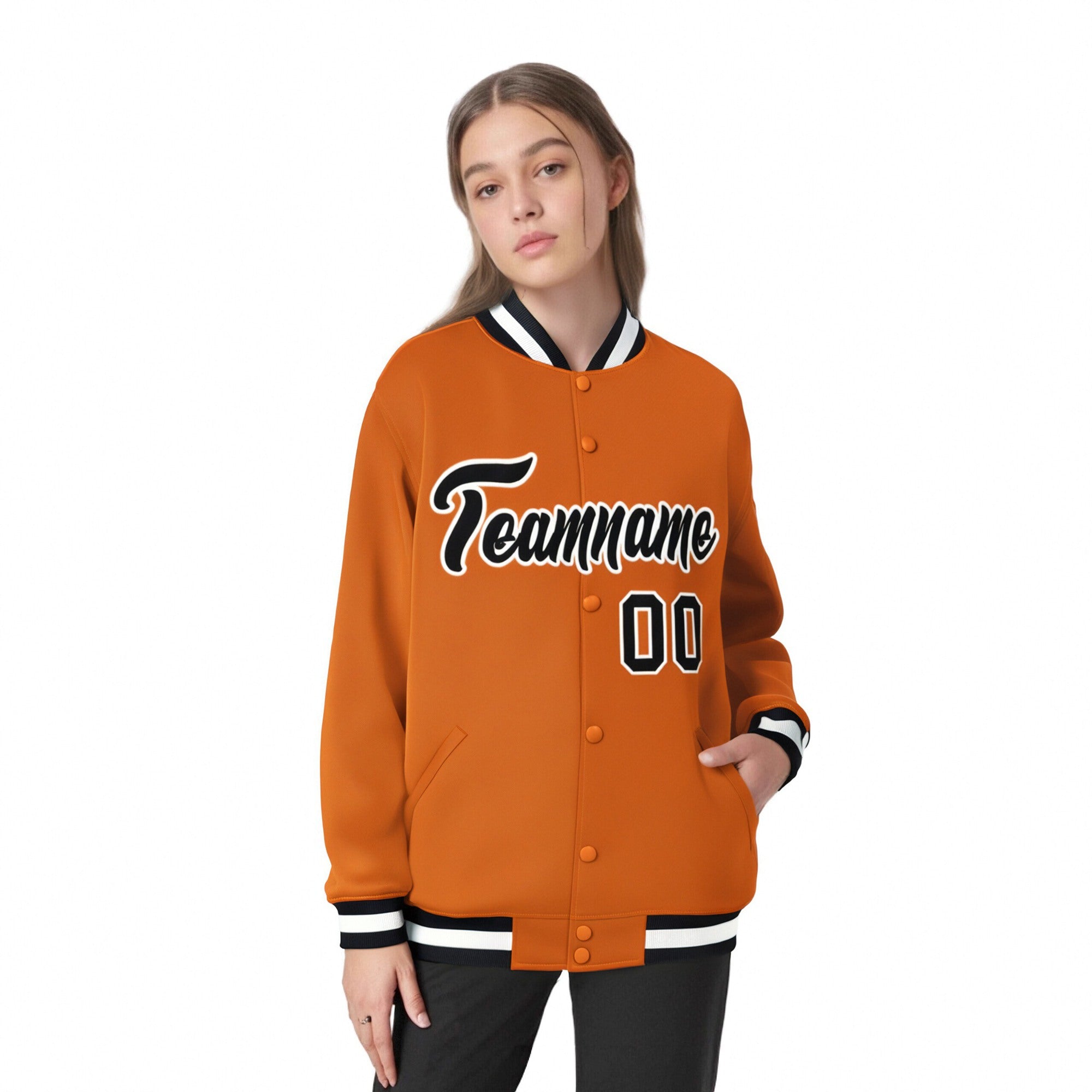 Custom Orange Black White Bomber Full-Snap Varsity Letterman Jacket