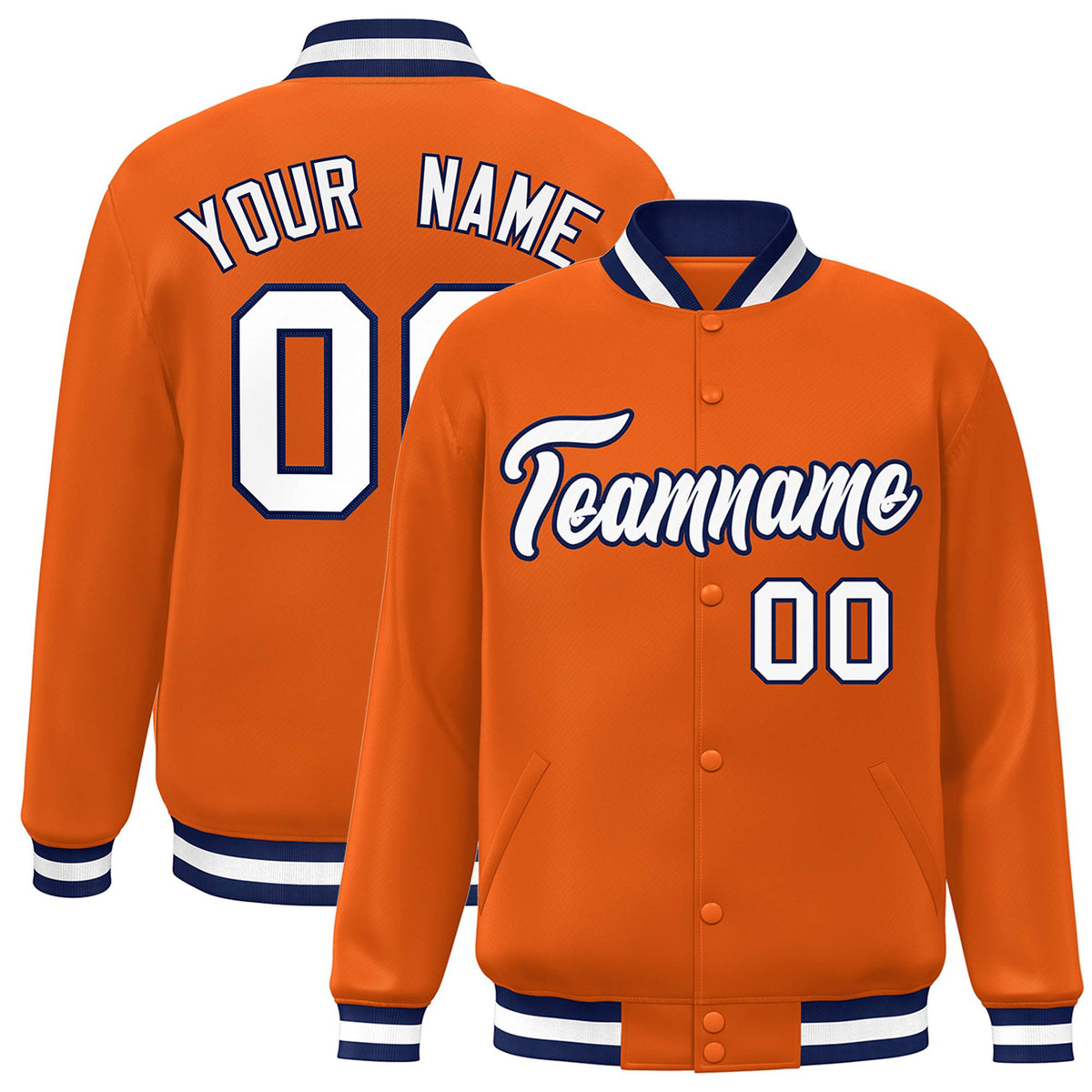 Custom Orange White Navy Bomber Full-Snap Varsity Letterman Jacket