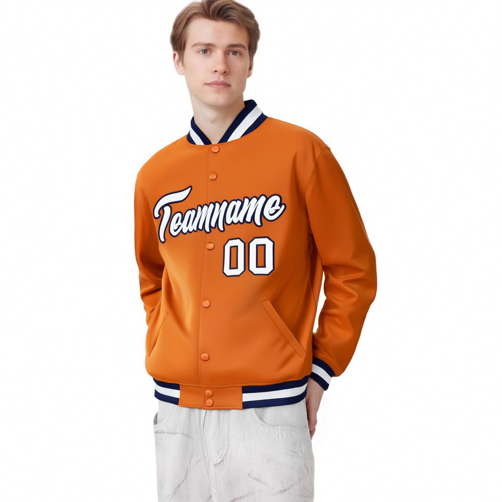 Custom Orange White Navy Bomber Full-Snap Varsity Letterman Jacket