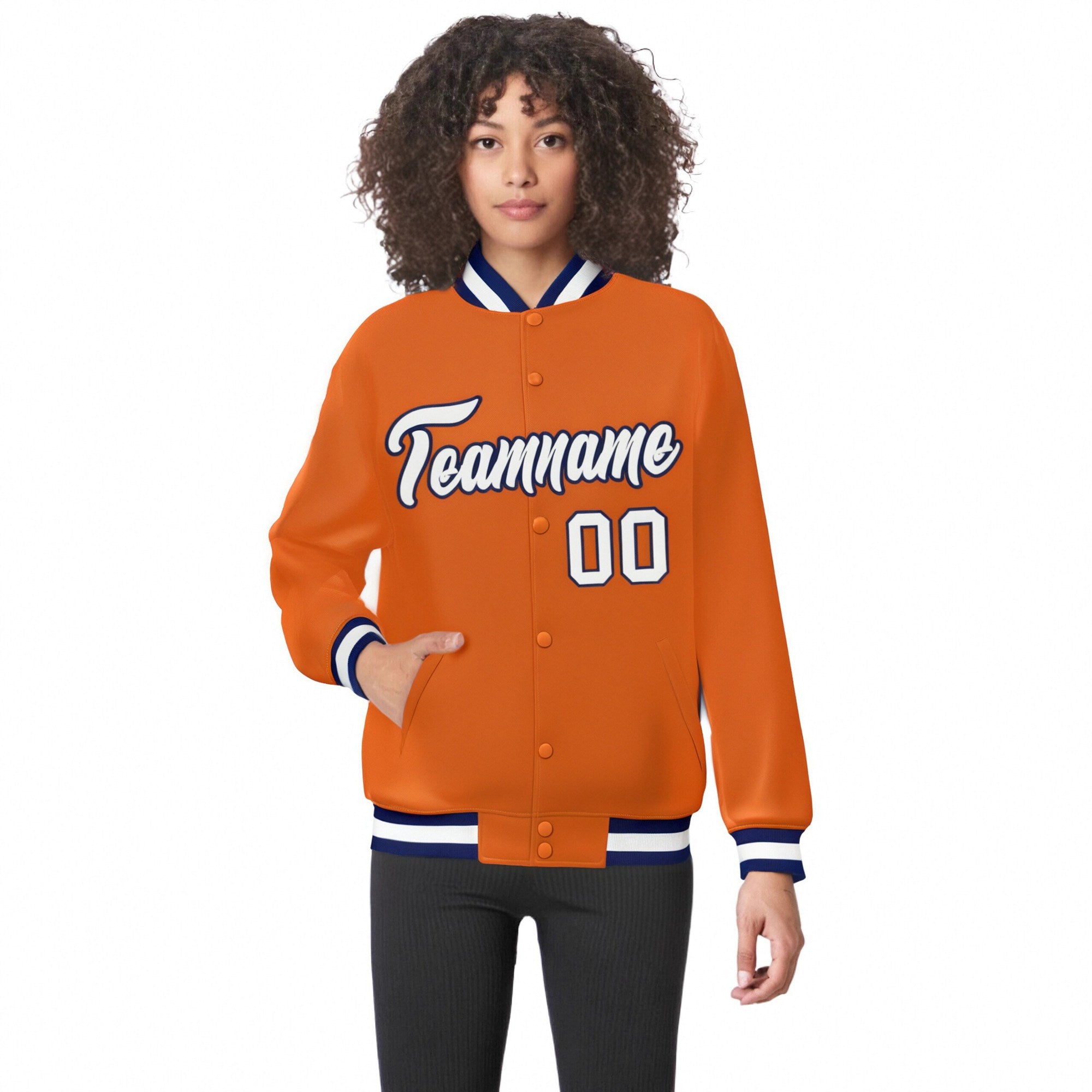 Custom Orange White Navy Bomber Full-Snap Varsity Letterman Jacket