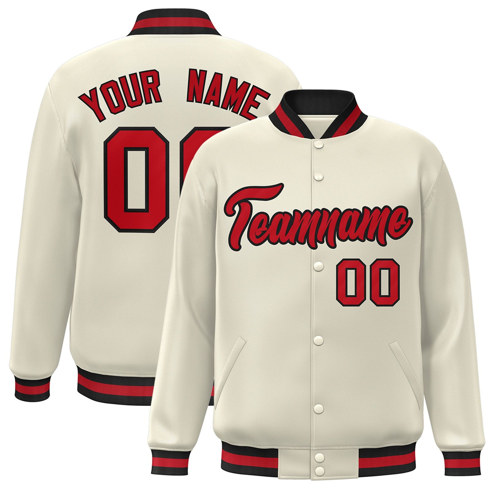 Custom Cream Red Black Bomber Full-Snap Varsity Letterman Jacket