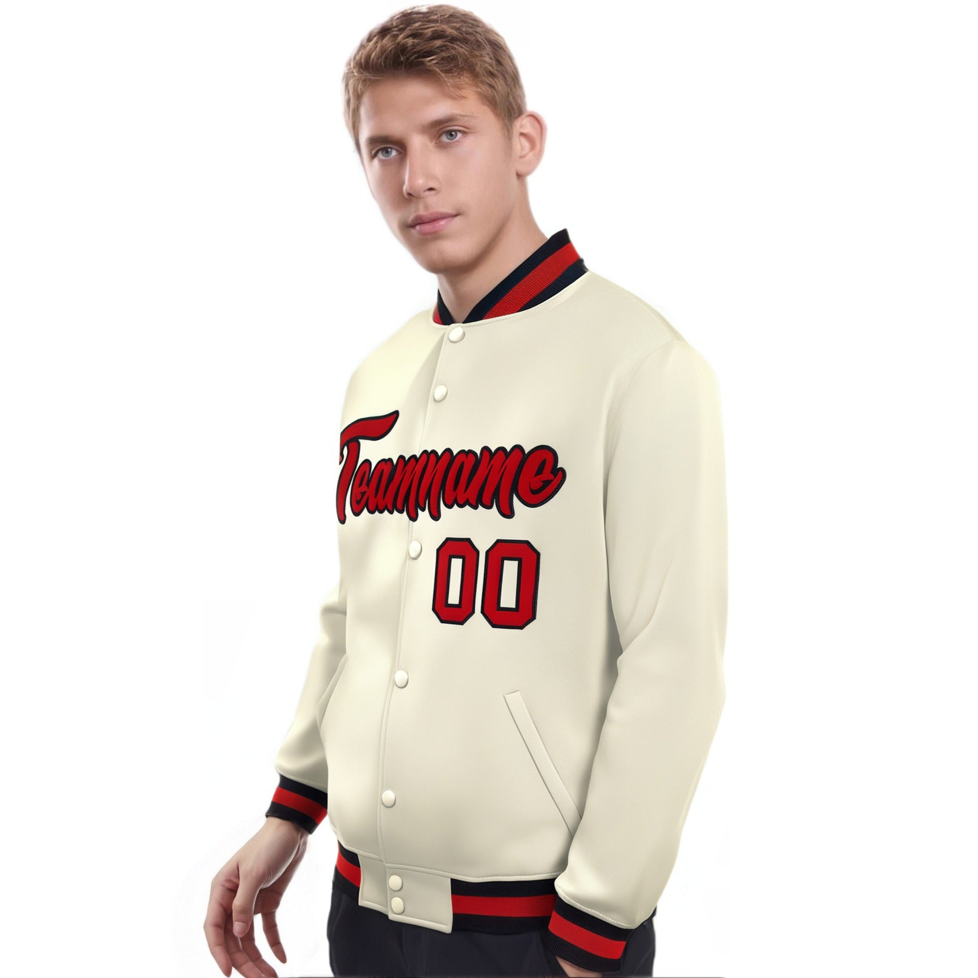 Custom Cream Red Black Bomber Full-Snap Varsity Letterman Jacket