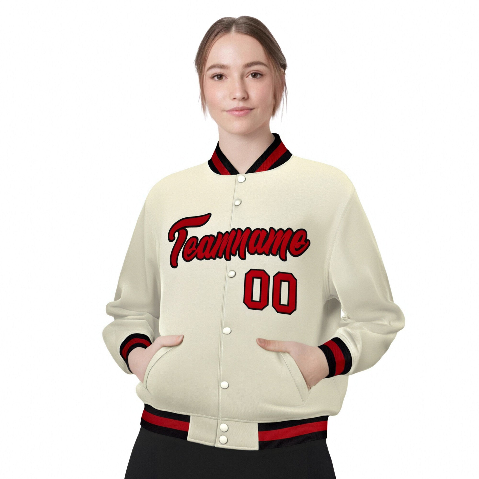 Custom Cream Red Black Bomber Full-Snap Varsity Letterman Jacket