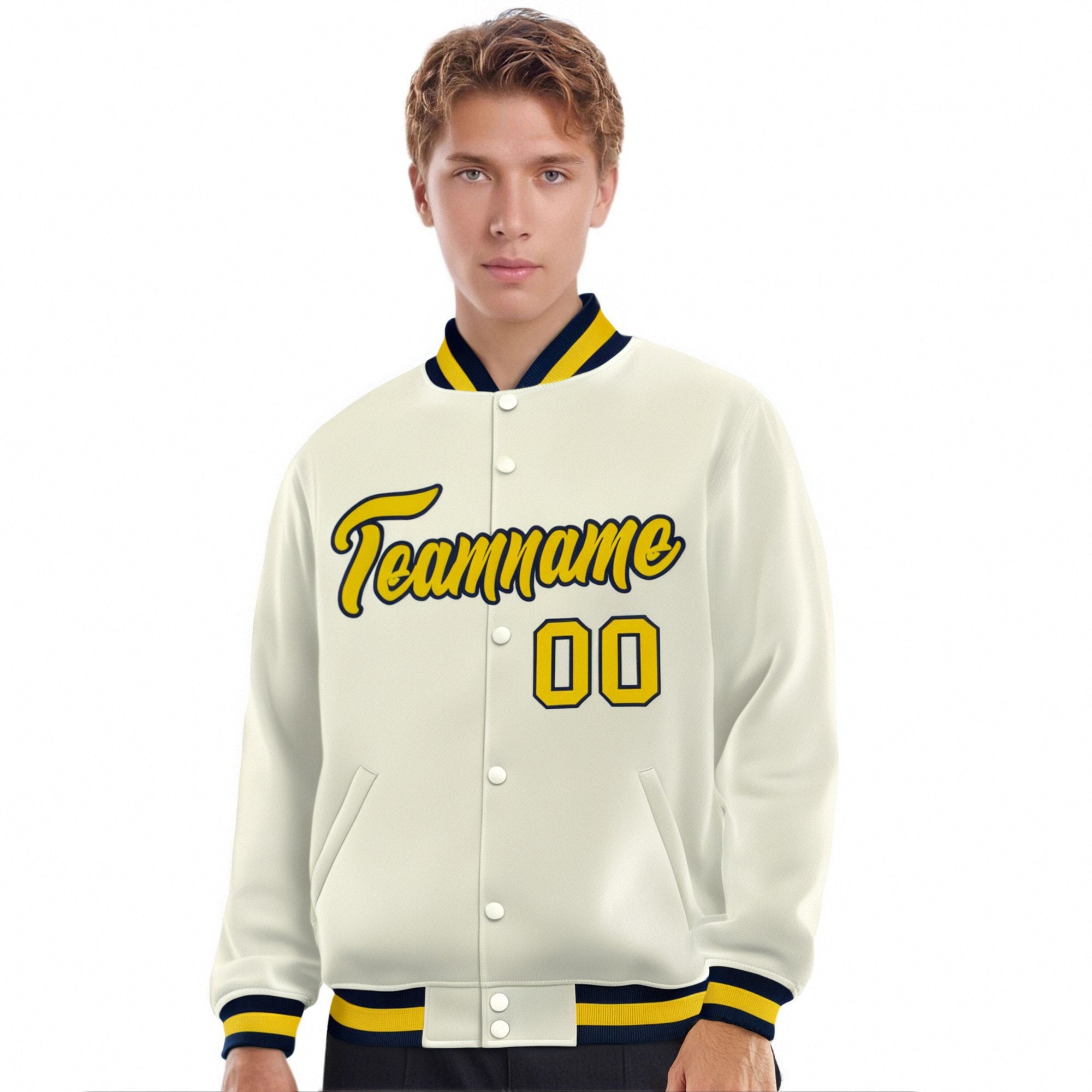 Custom Cream Yellow Navy Bomber Full-Snap Varsity Letterman Jacket