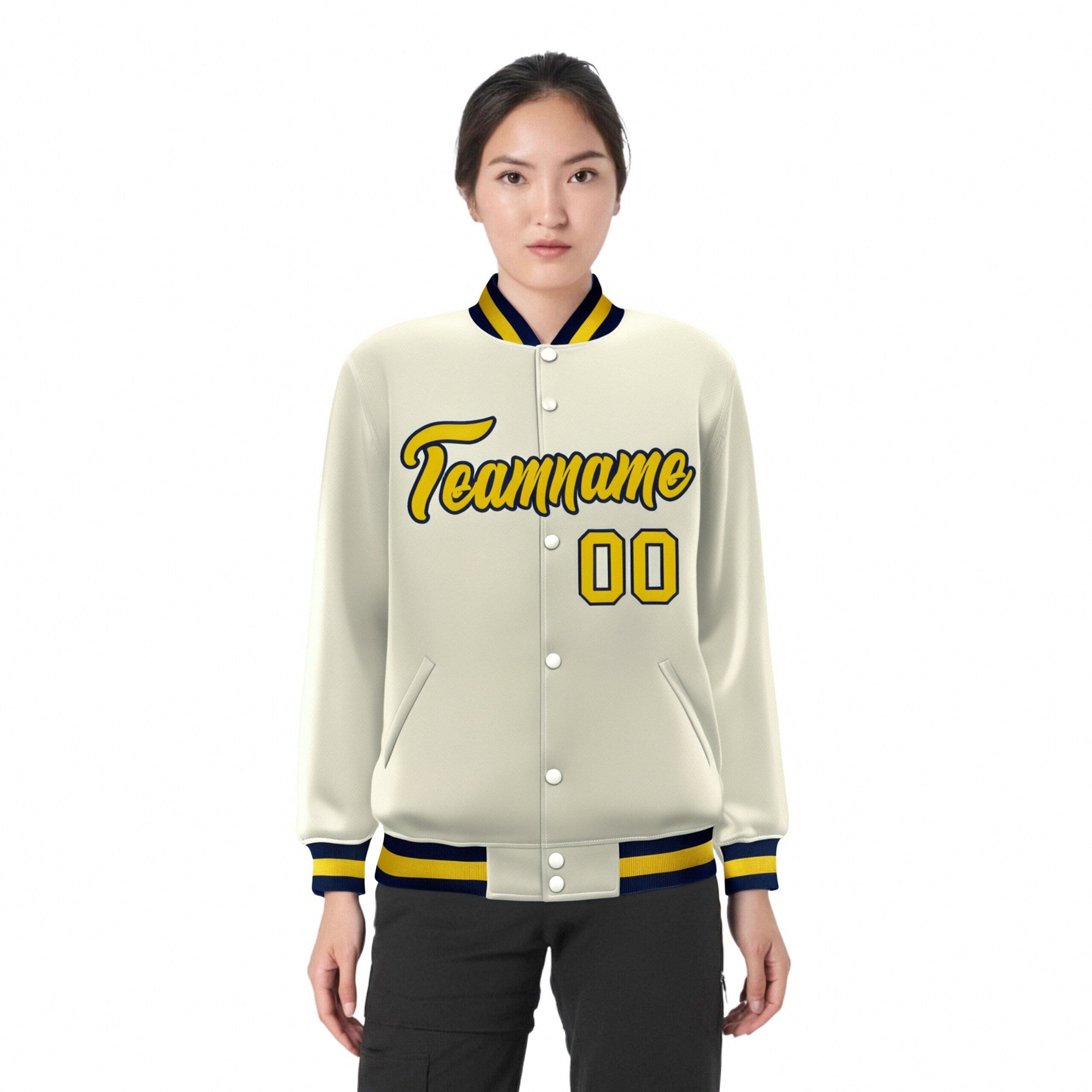 Custom Cream Yellow Navy Bomber Full-Snap Varsity Letterman Jacket