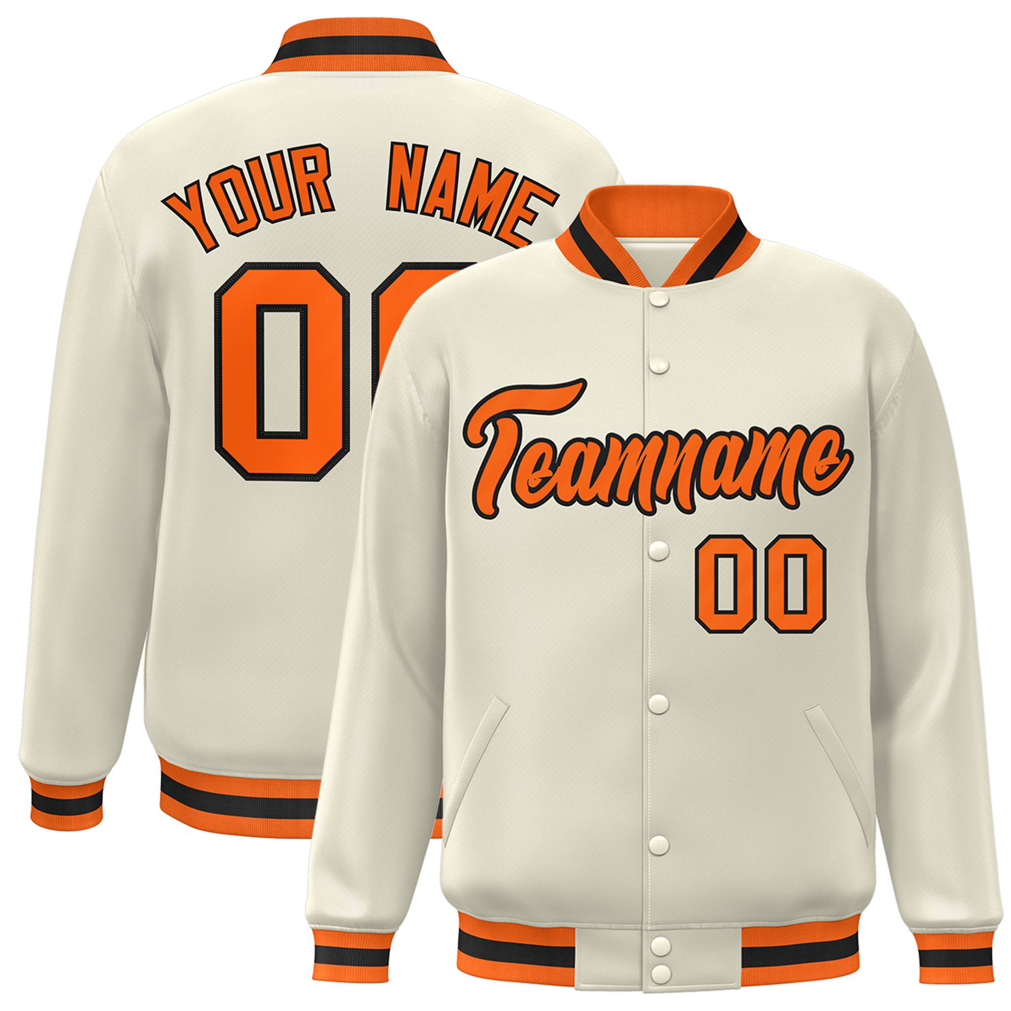 Custom Cream Orange Black Bomber Full-Snap Varsity Letterman Jacket