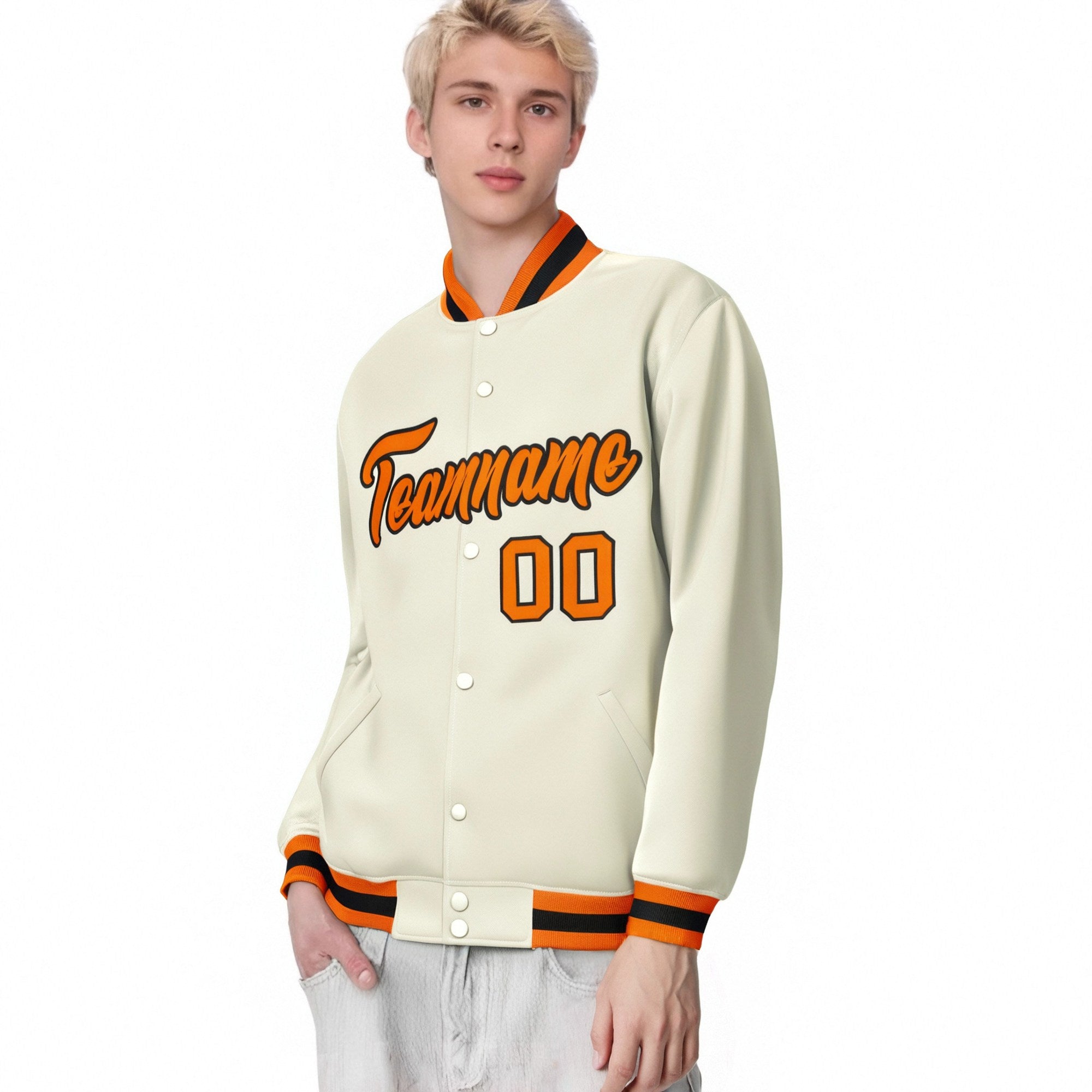 Custom Cream Orange Black Bomber Full-Snap Varsity Letterman Jacket