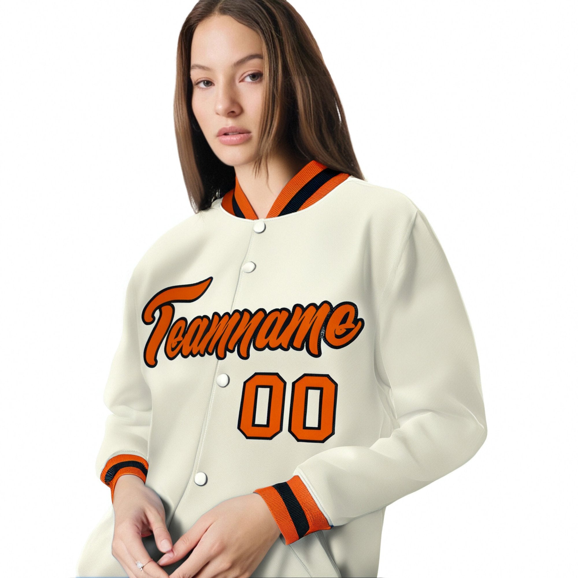 Custom Cream Orange Black Bomber Full-Snap Varsity Letterman Jacket