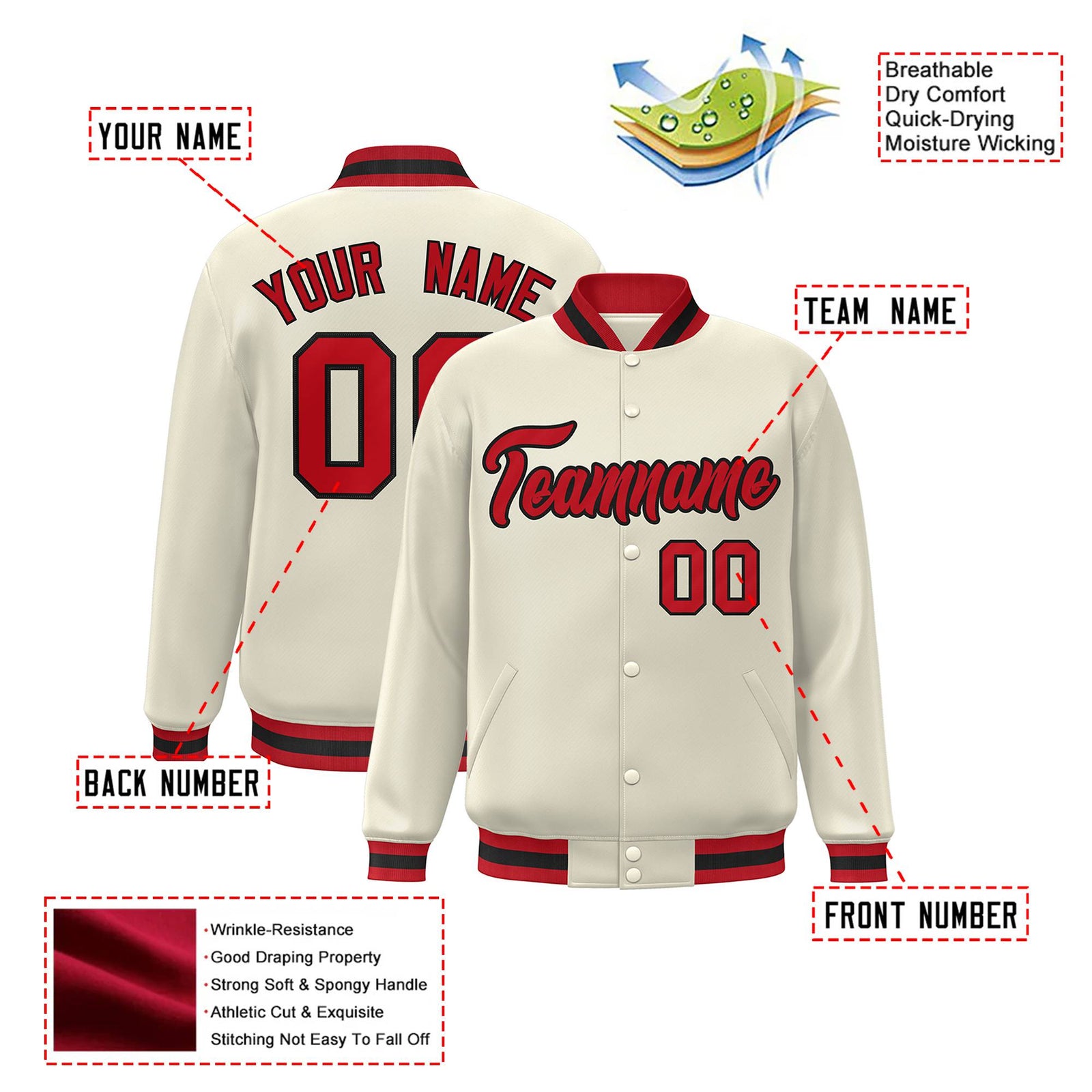 Custom Cream Red Black Bomber Full-Snap Varsity Letterman Jacket