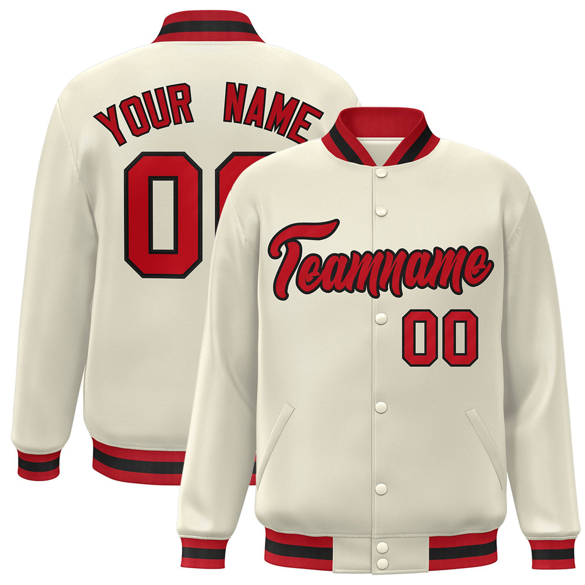 Custom Cream Red Black Bomber Full-Snap Varsity Letterman Jacket