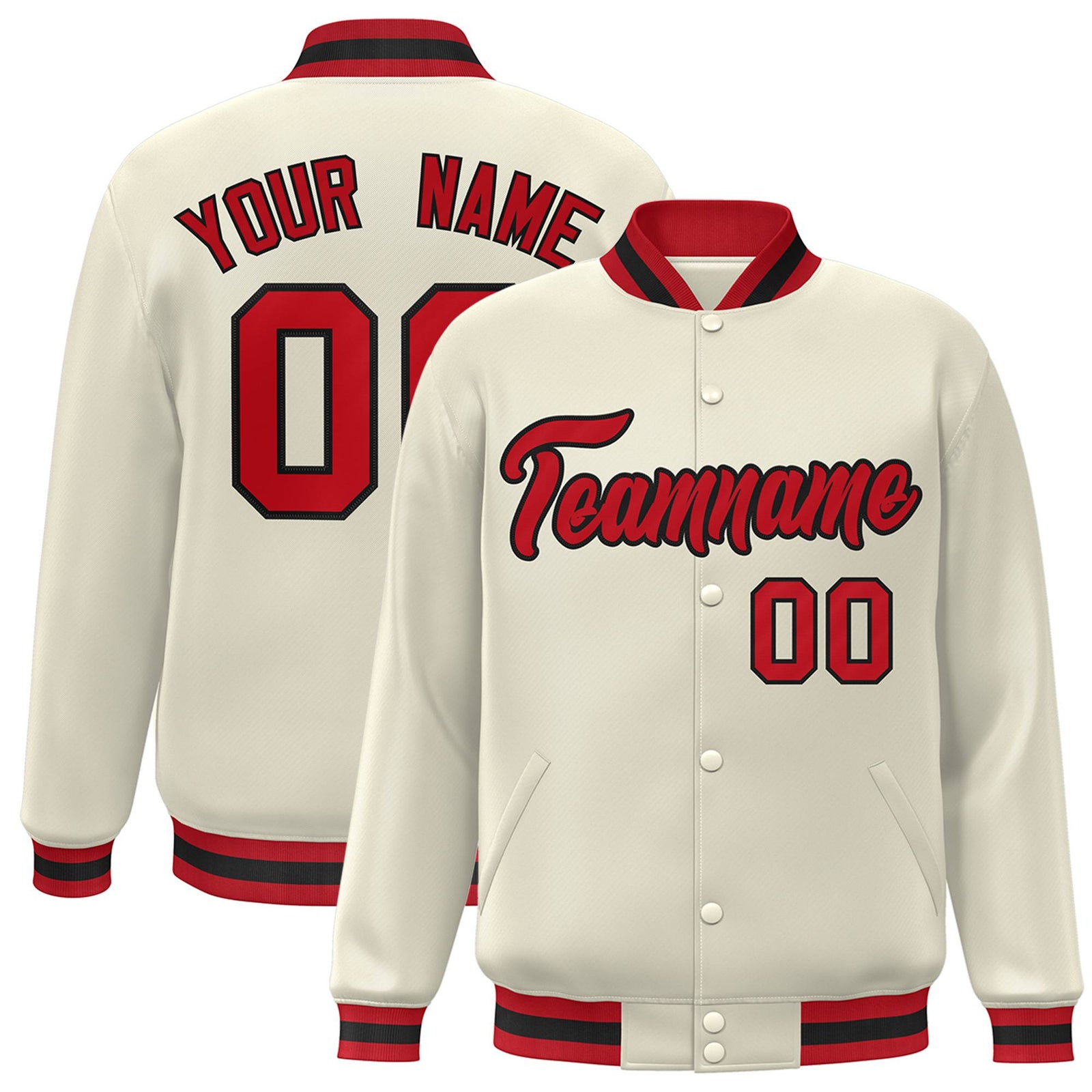 Custom Cream Red Black Bomber Full-Snap Varsity Letterman Jacket