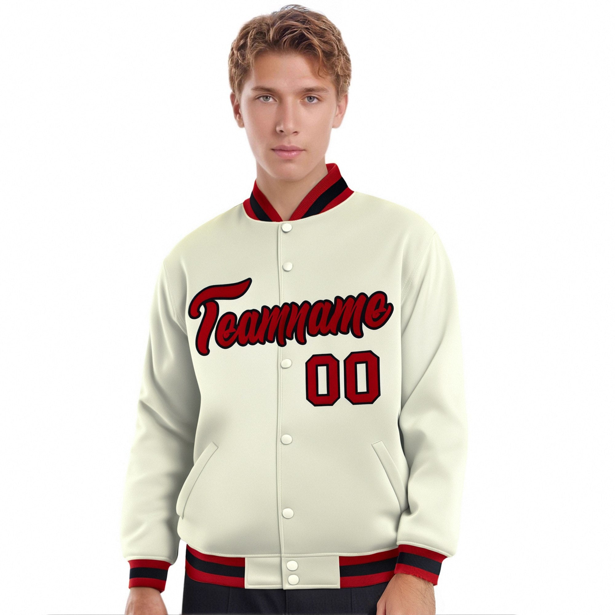 Custom Cream Red Black Bomber Full-Snap Varsity Letterman Jacket