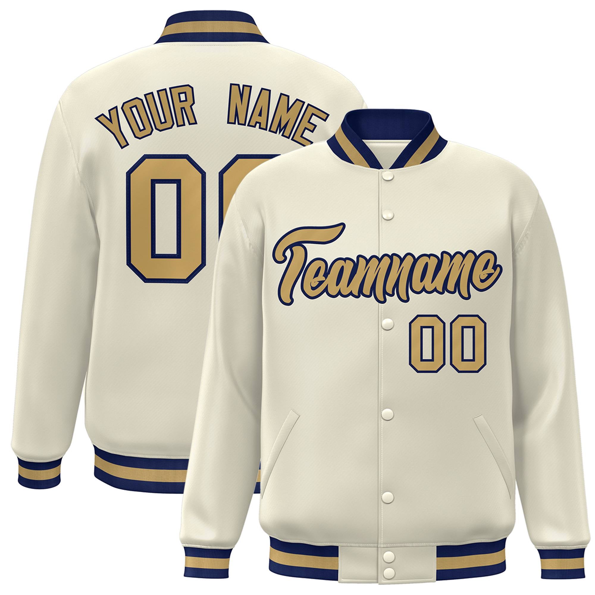 Custom Cream Old-Gold Navy Bomber Full-Snap Varsity Letterman Jacket