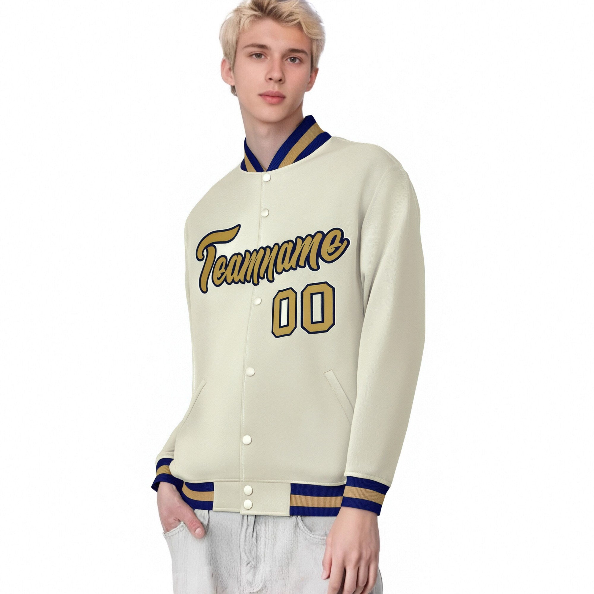 Custom Cream Old-Gold Navy Bomber Full-Snap Varsity Letterman Jacket