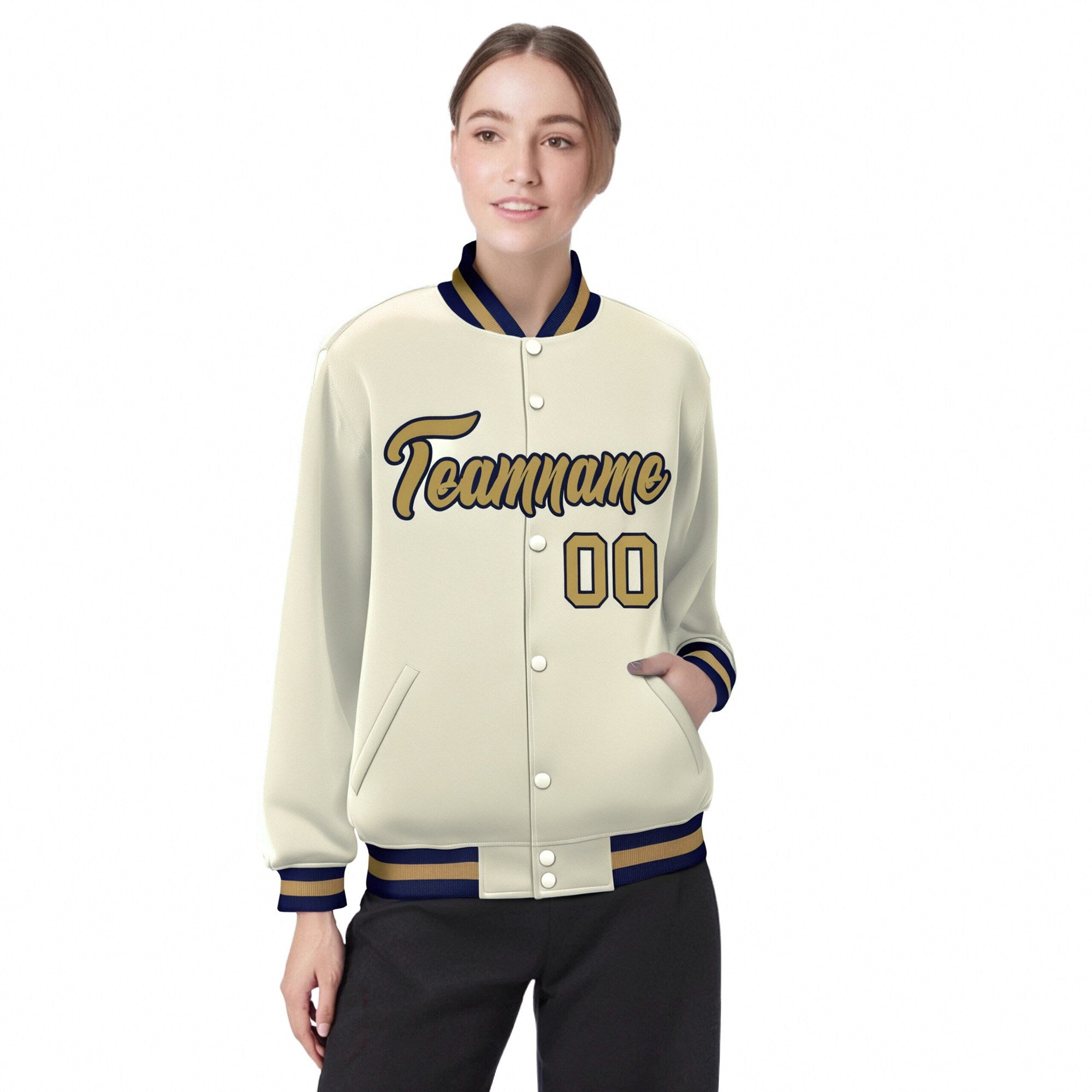 Custom Cream Old-Gold Navy Bomber Full-Snap Varsity Letterman Jacket