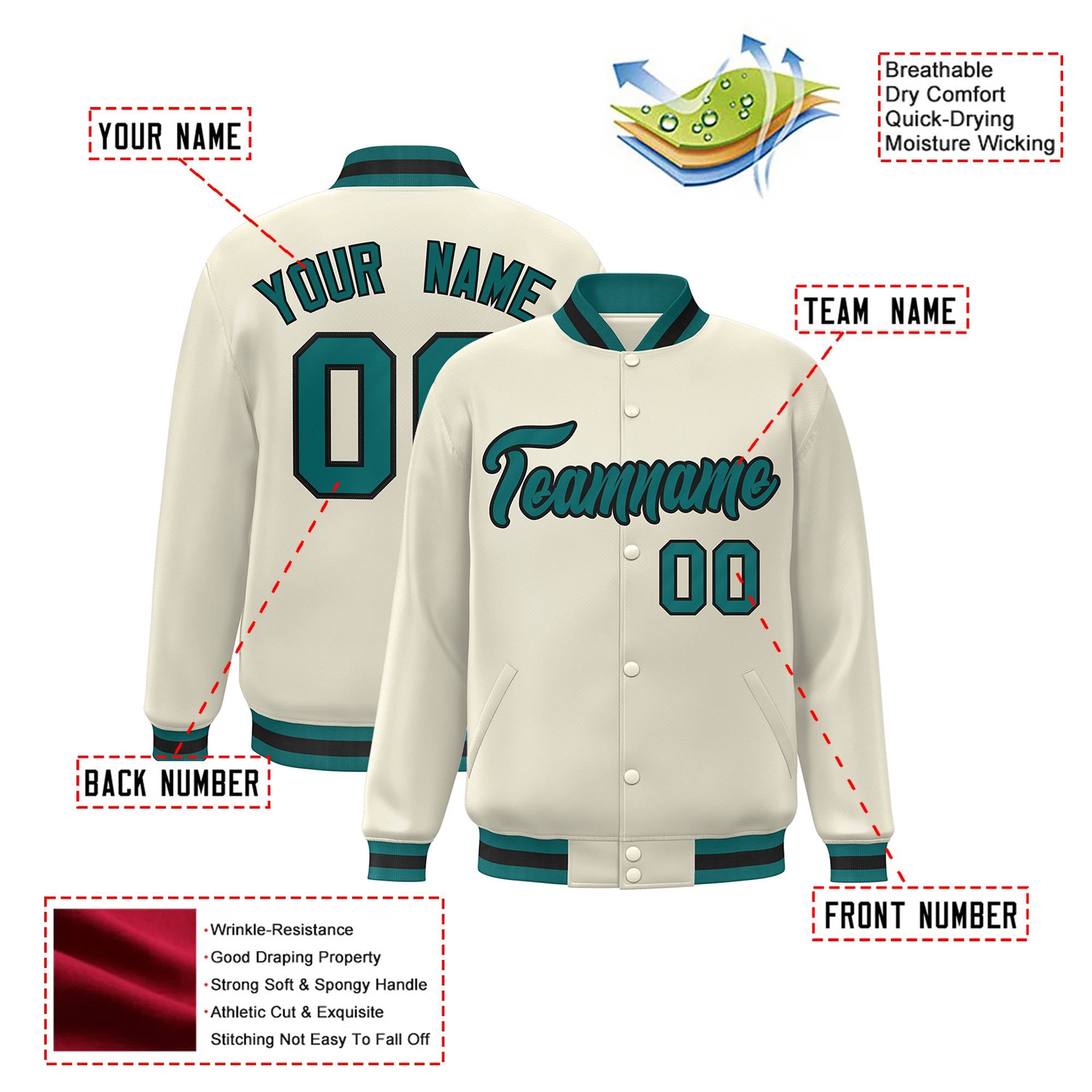 Custom Cream Aqua-Black Bomber Full-Snap Varsity Letterman Jacket