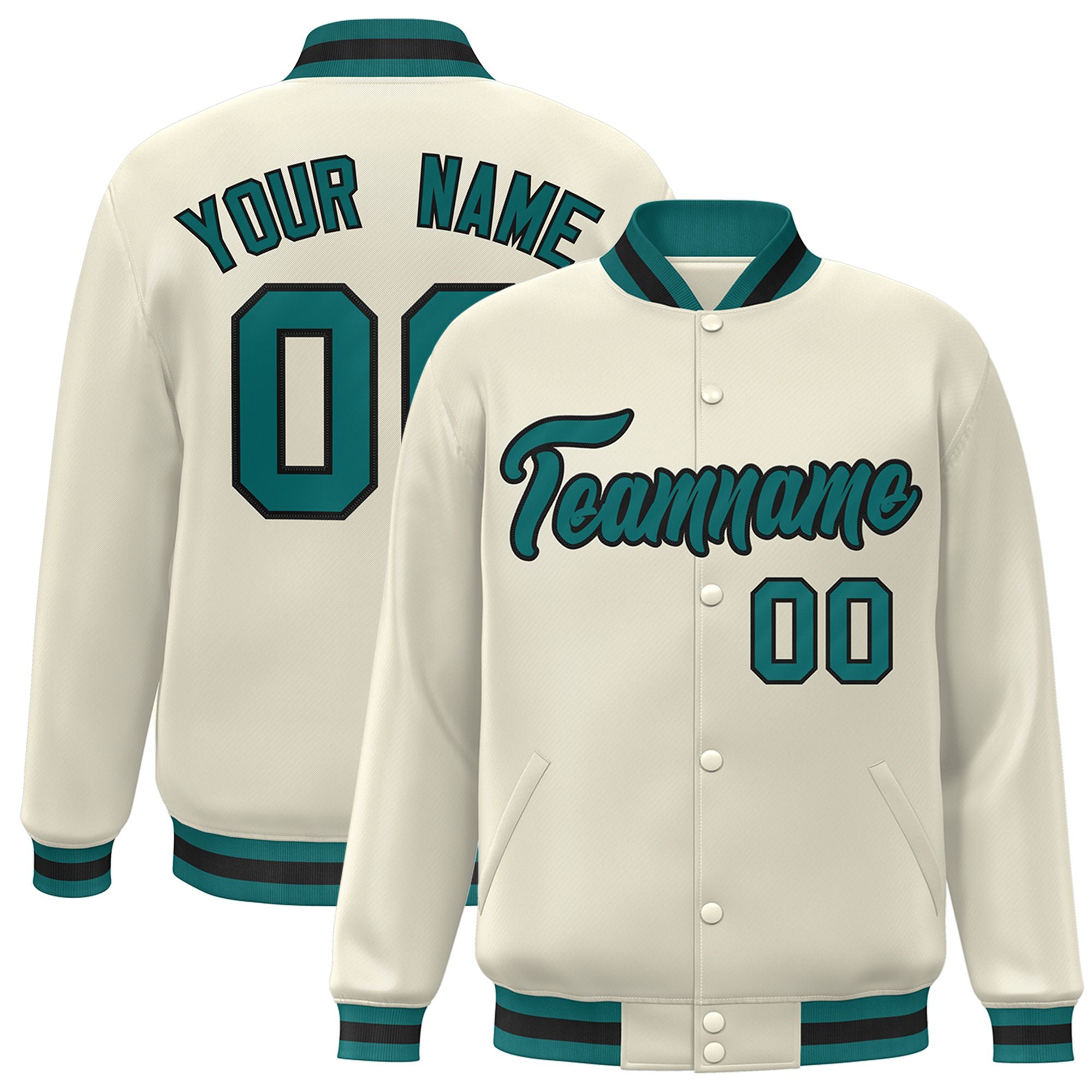 Custom Cream Aqua-Black Bomber Full-Snap Varsity Letterman Jacket