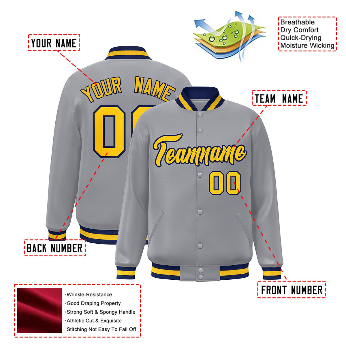 Custom Gray Yellow-Navy Bomber Full-Snap Varsity Letterman Jacket
