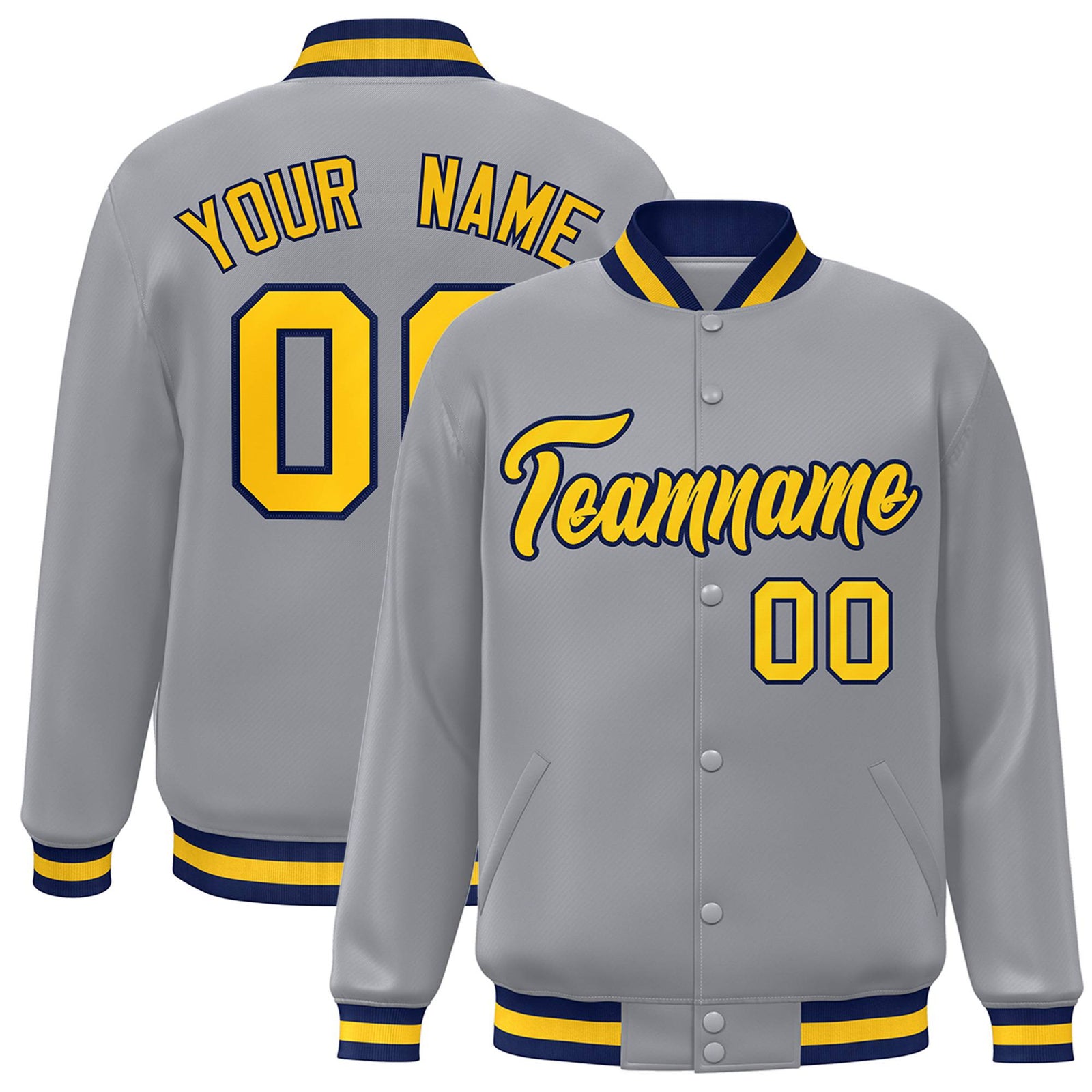 Custom Gray Yellow-Navy Bomber Full-Snap Varsity Letterman Jacket