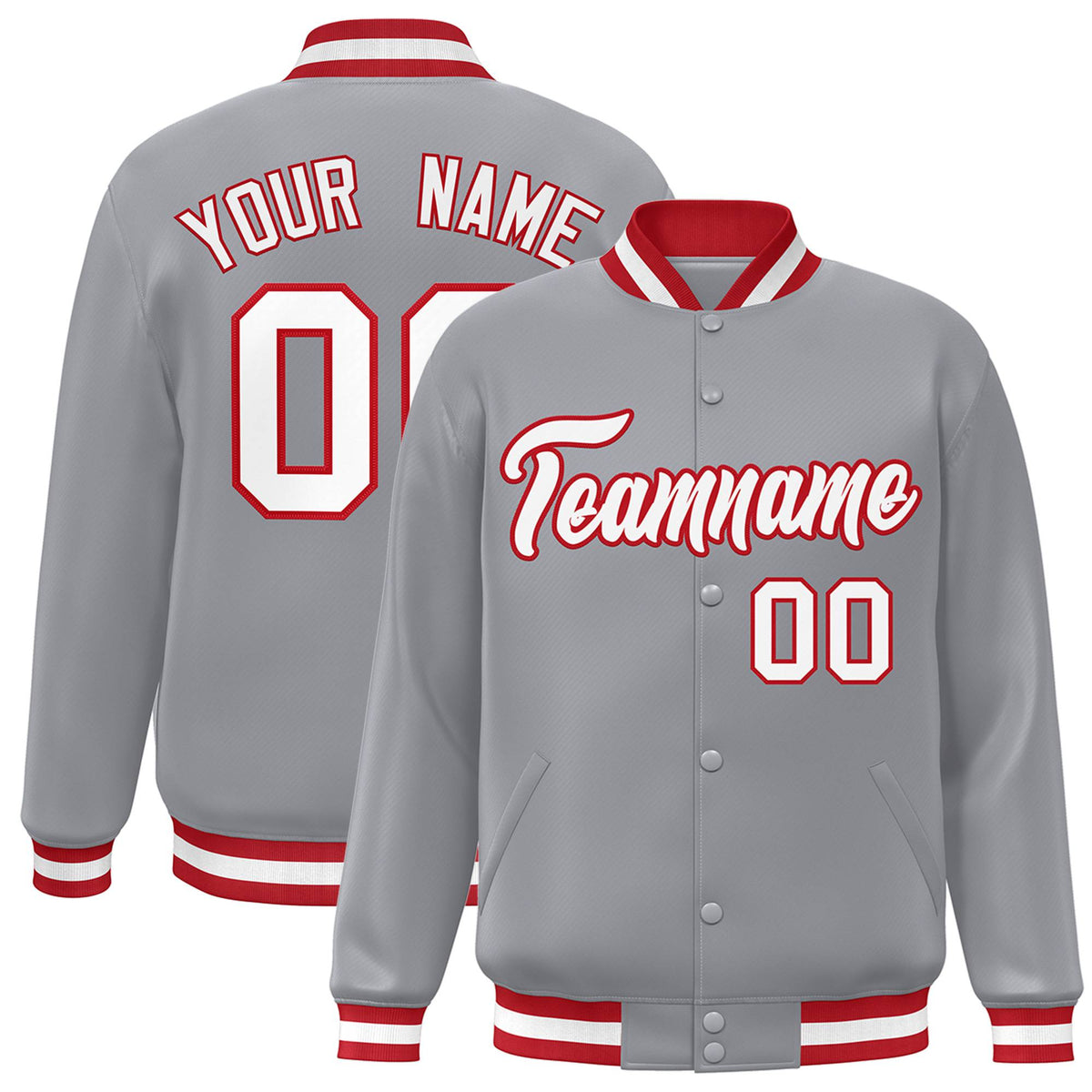 Custom Gray White-Red Bomber Full-Snap Varsity Letterman Jacket