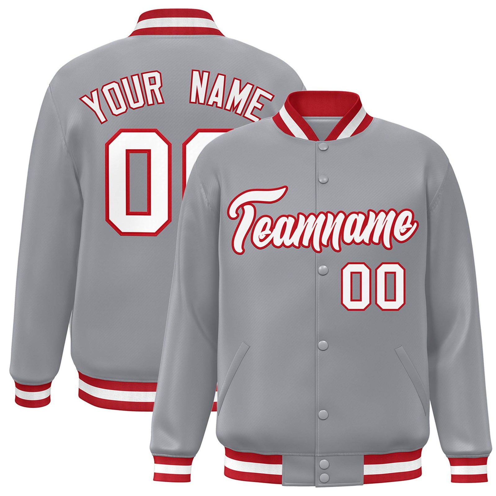 Custom Gray White-Red Bomber Full-Snap Varsity Letterman Jacket