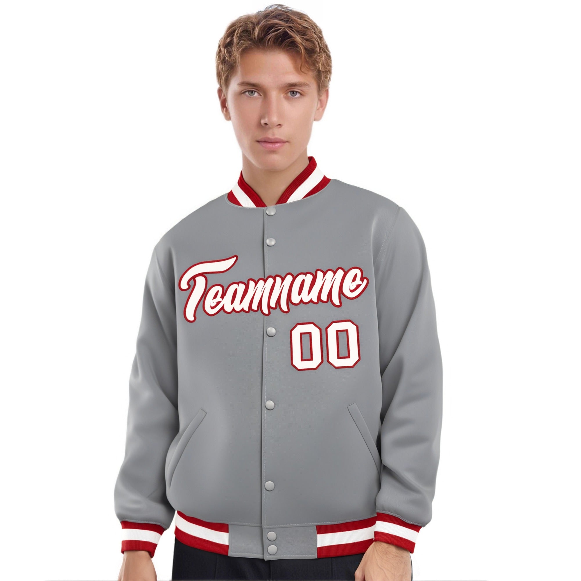 Custom Gray White-Red Bomber Full-Snap Varsity Letterman Jacket