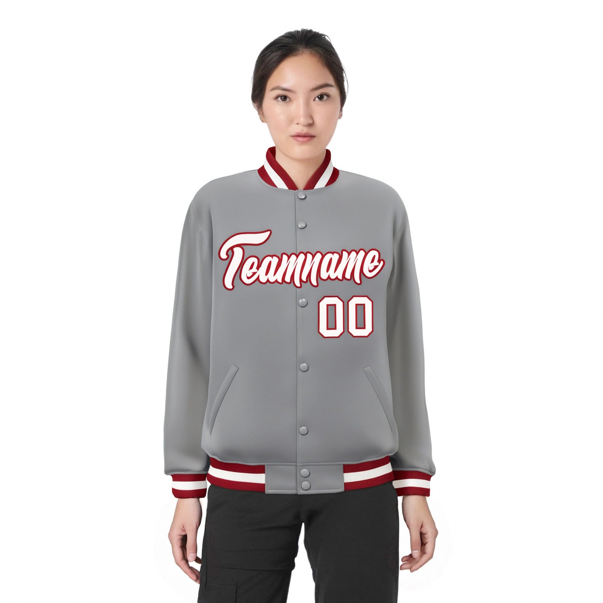 Custom Gray White-Red Bomber Full-Snap Varsity Letterman Jacket