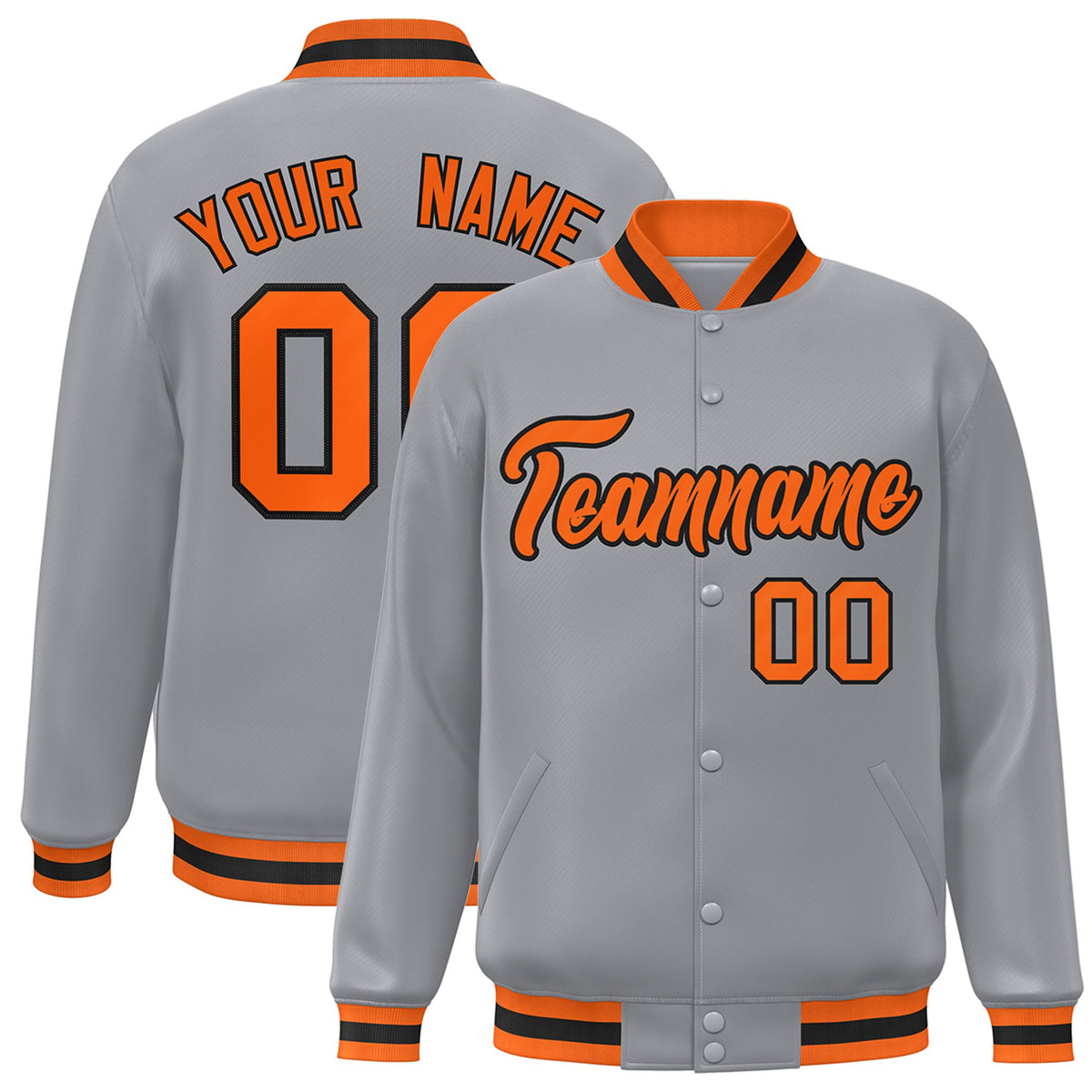 Custom Gray Orange-Black Bomber Full-Snap Varsity Letterman Jacket