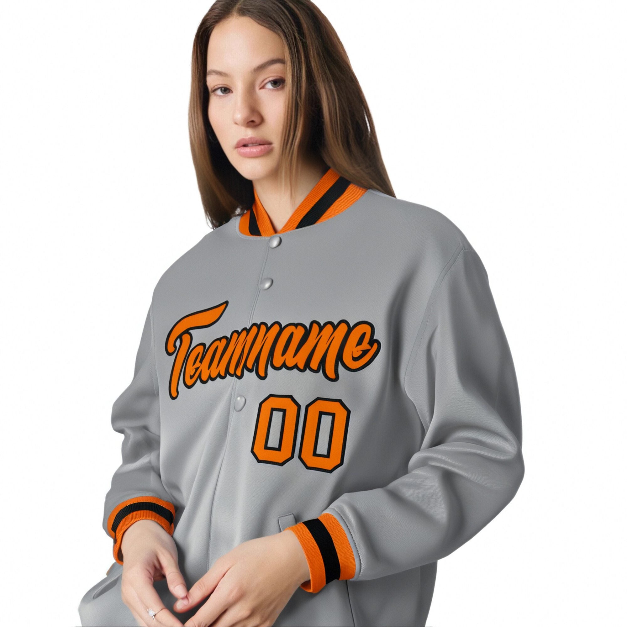 Custom Gray Orange-Black Bomber Full-Snap Varsity Letterman Jacket