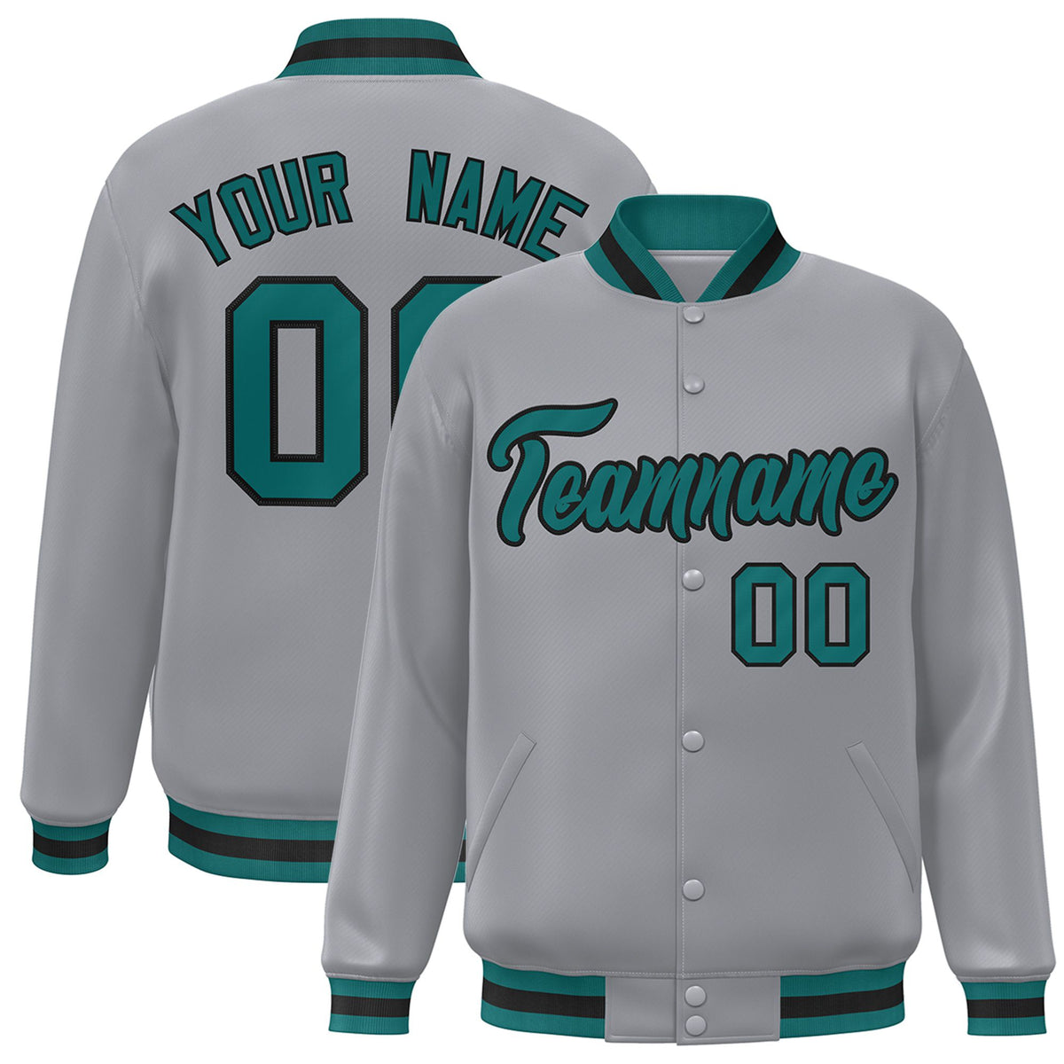 Custom Gray Aqua-Black Bomber Full-Snap Varsity Letterman Jacket